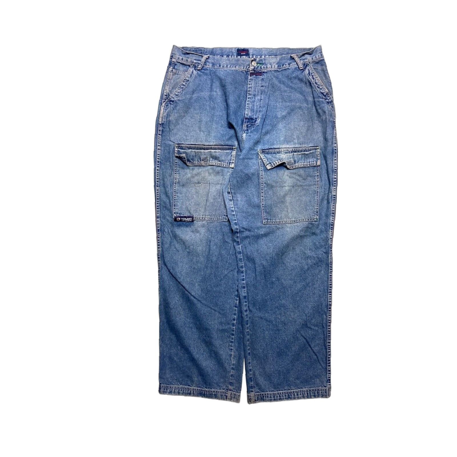 VINTAGE y2k baggy jeans Tommy Hilfiger cargo wide leg skater JNCO style 40x32 jeans Men Blue Wide-Leg 40 32