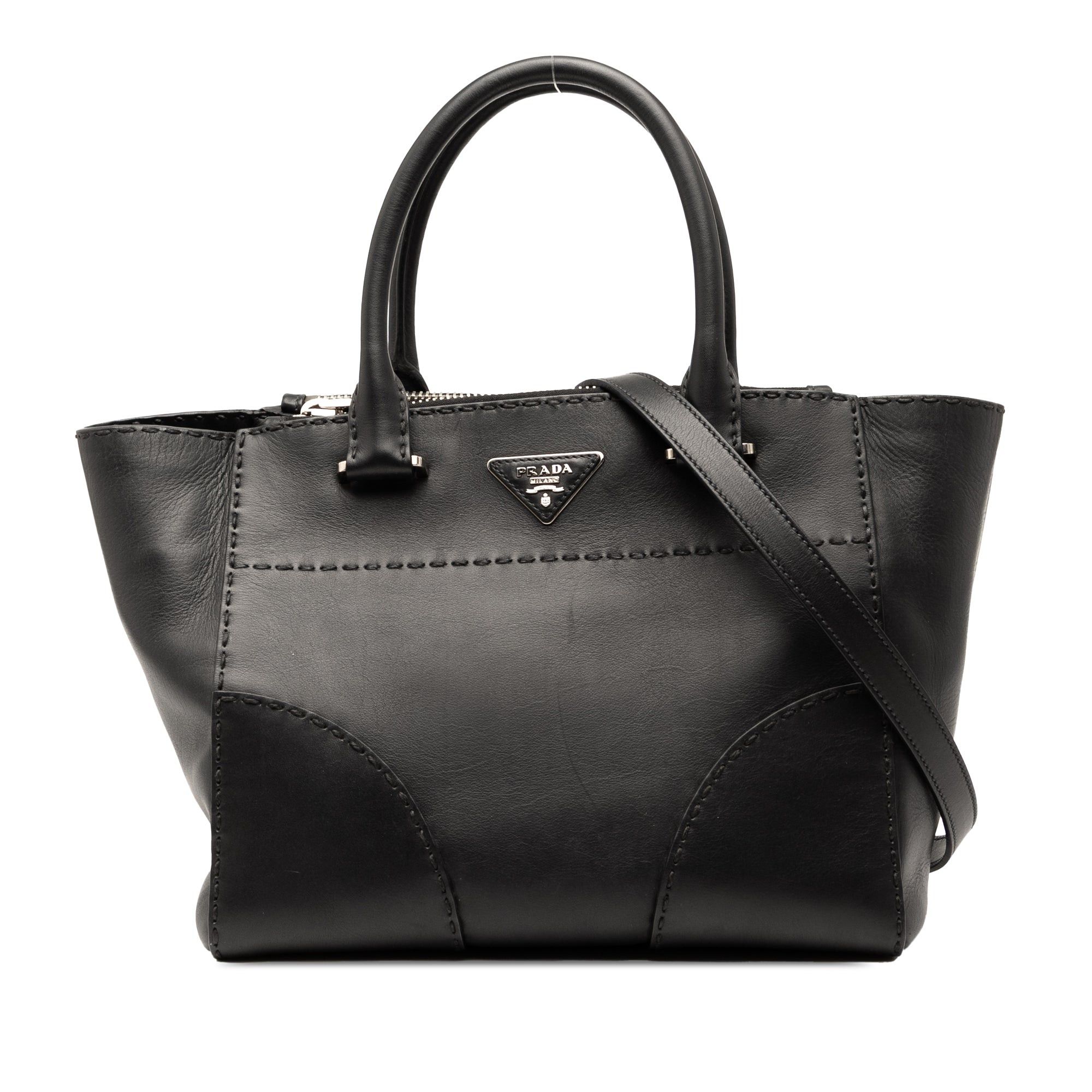 Small City Calf Stitched Twin Pocket Satchel