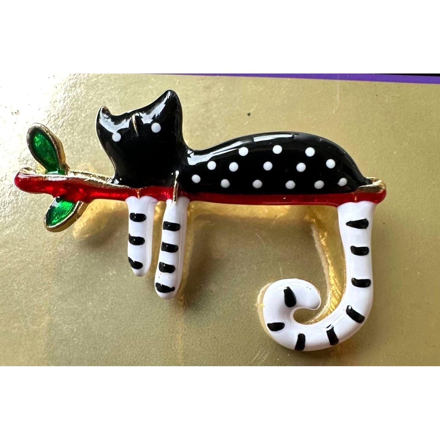 Handmade Folk Art Spotted Cat on Branch Pin Brooch Whimsical New Kitt Size ONE SIZE - 8 Thumbnail
