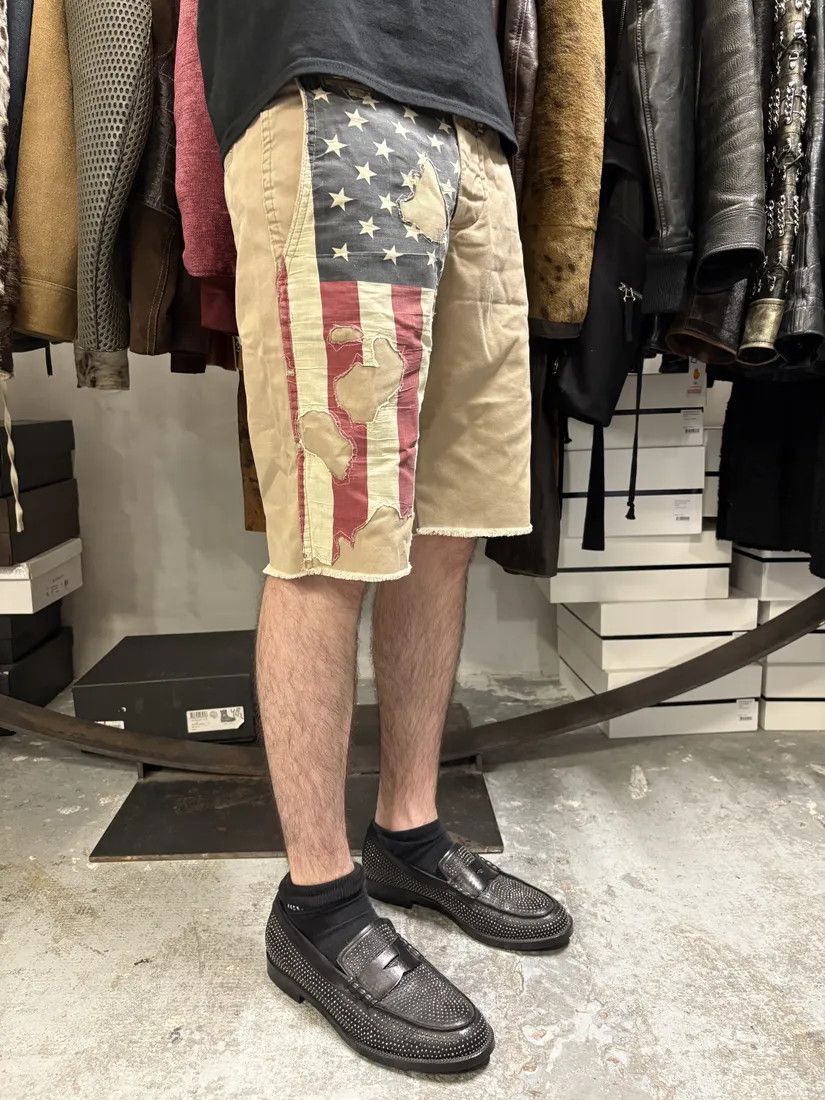 Designer × Polo Ralph Lauren × Vintage 2000s Ralph Lauren USA Distressed Flag Beige Shorts Size US 31 - 3 Thumbnail