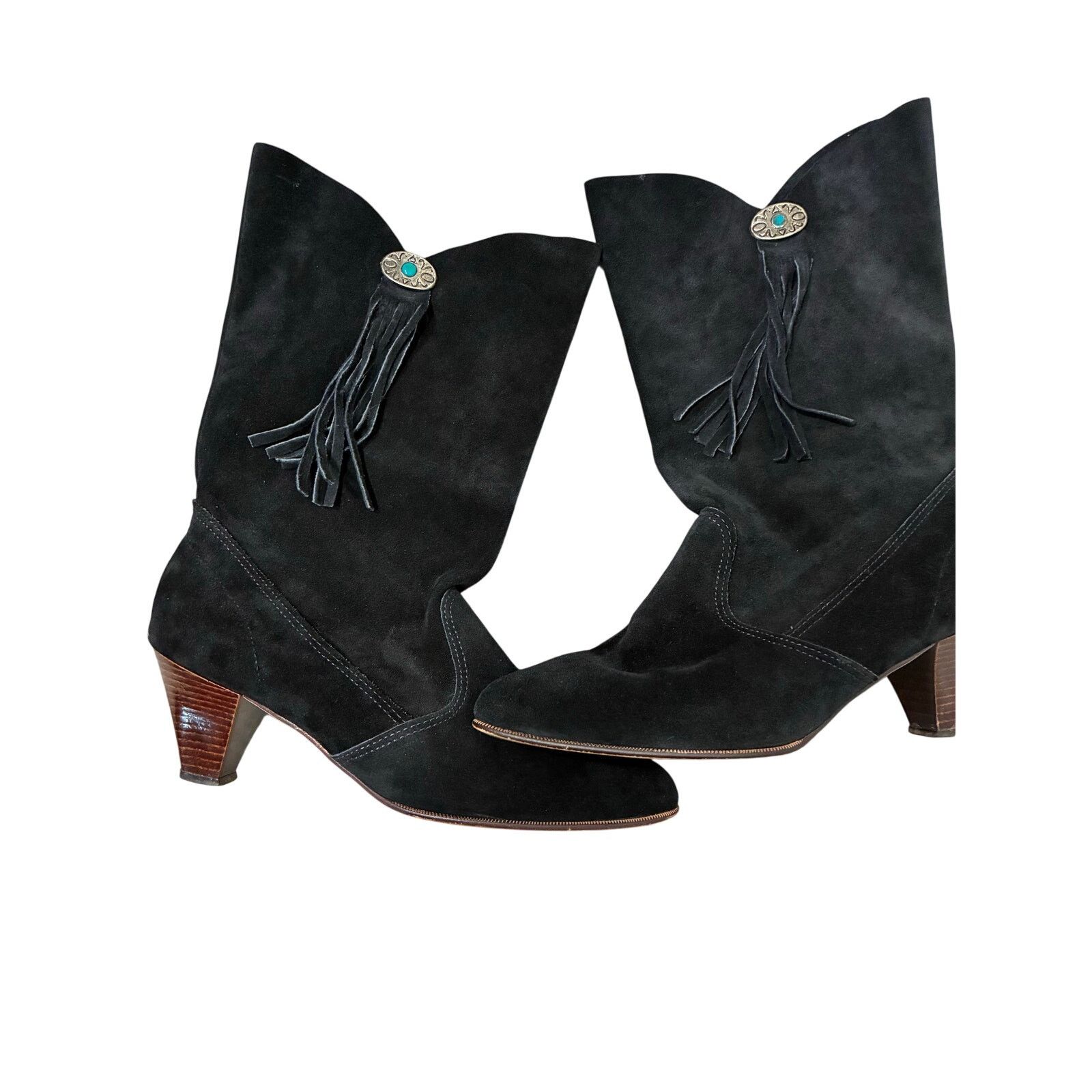 Other Pinwheels Western Black Suede BootsTurquoise Fringe Size 8.5 Size US 8.5 / IT 38.5 - 3 Thumbnail