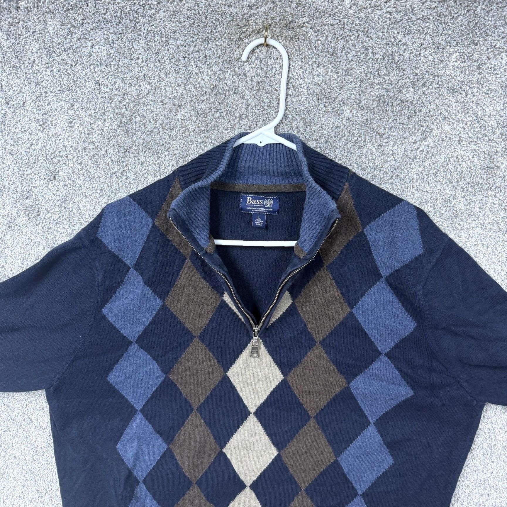 Vintage Bass Men Sweater L Blue Brown Argyle 1/4 Zip Mock Neck Pullover Knit Cotton Dark Academia Navy 90s Preppy casual Mens Size US L / EU 52-54 / 3 - 5 Thumbnail
