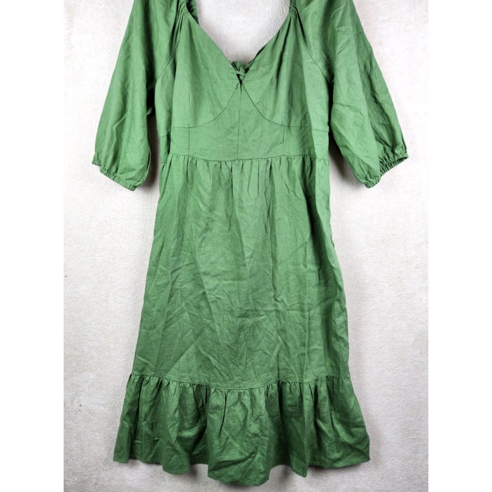 Vintage Monsoon Dress Women's Linen Viscose Tie Back Ruffle Green 16 Casual 3/4 Sleeve Long Size XXL / US 16-18 / IT 52-54 - 2 Thumbnail
