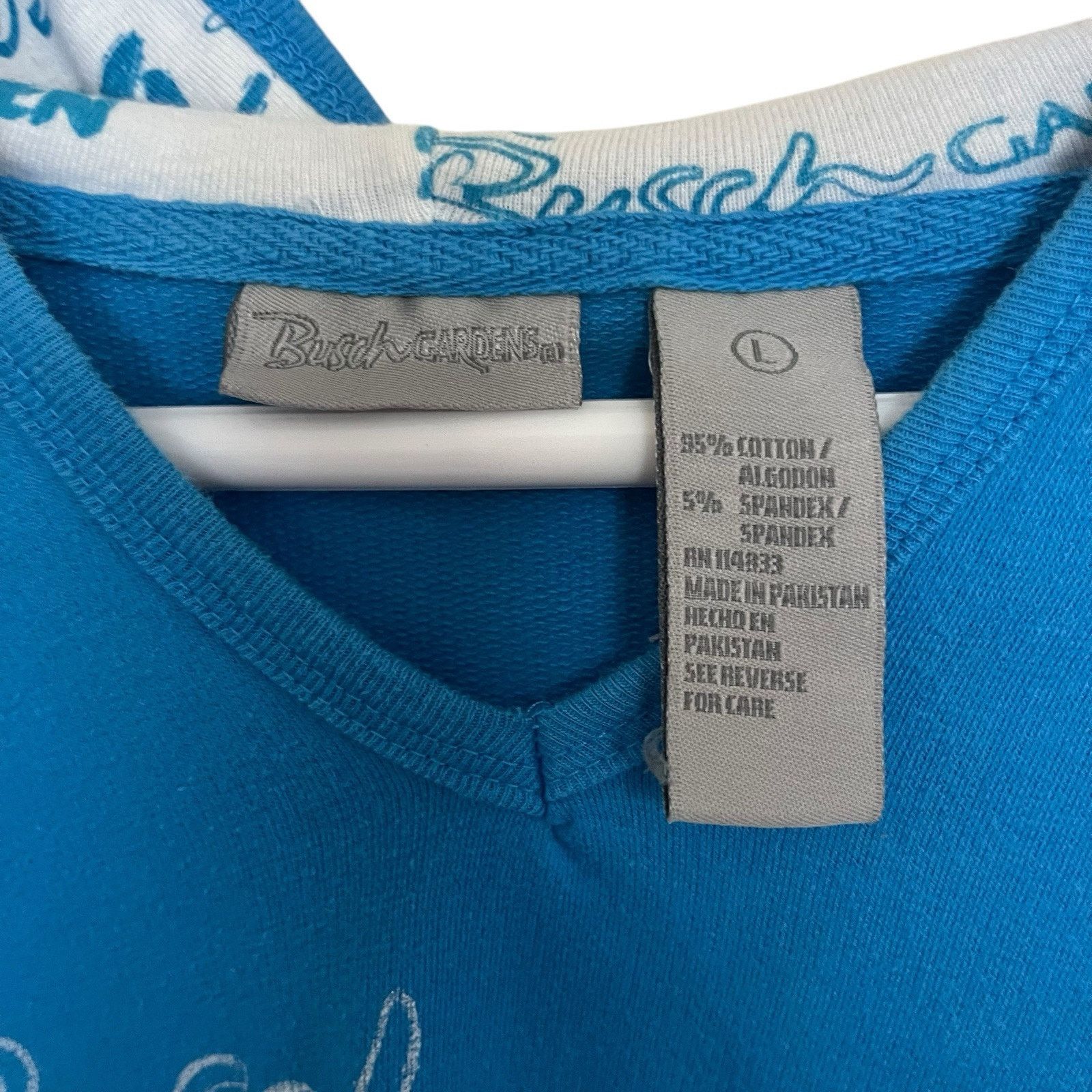 Vintage Busch Gardens | Blue Crop Raw Hem Y2K Spellout Hoodie Women Size L / US 10 / IT 46 - 3 Thumbnail