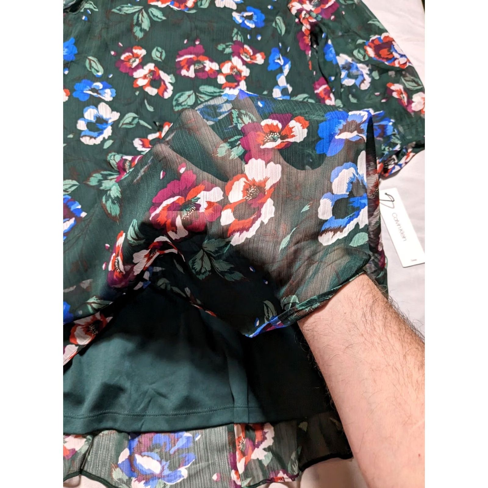 Calvin Klein VINTAGE CALVIN KLEIN Green Floral Balloon 3/4 Sleeve Chiffon Shift Dress Women 8 NEW Size M / US 6-8 / IT 42-44 - 7 Thumbnail