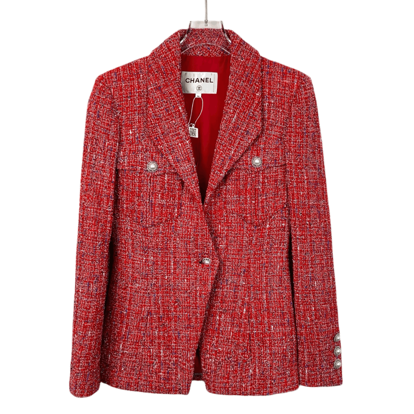 Chanel Chanel Red Tweed Cotton Jacket with Pearl Buttons (Size XS) Size XS / US 0-2 / IT 36-38 - 1 Thumbnail