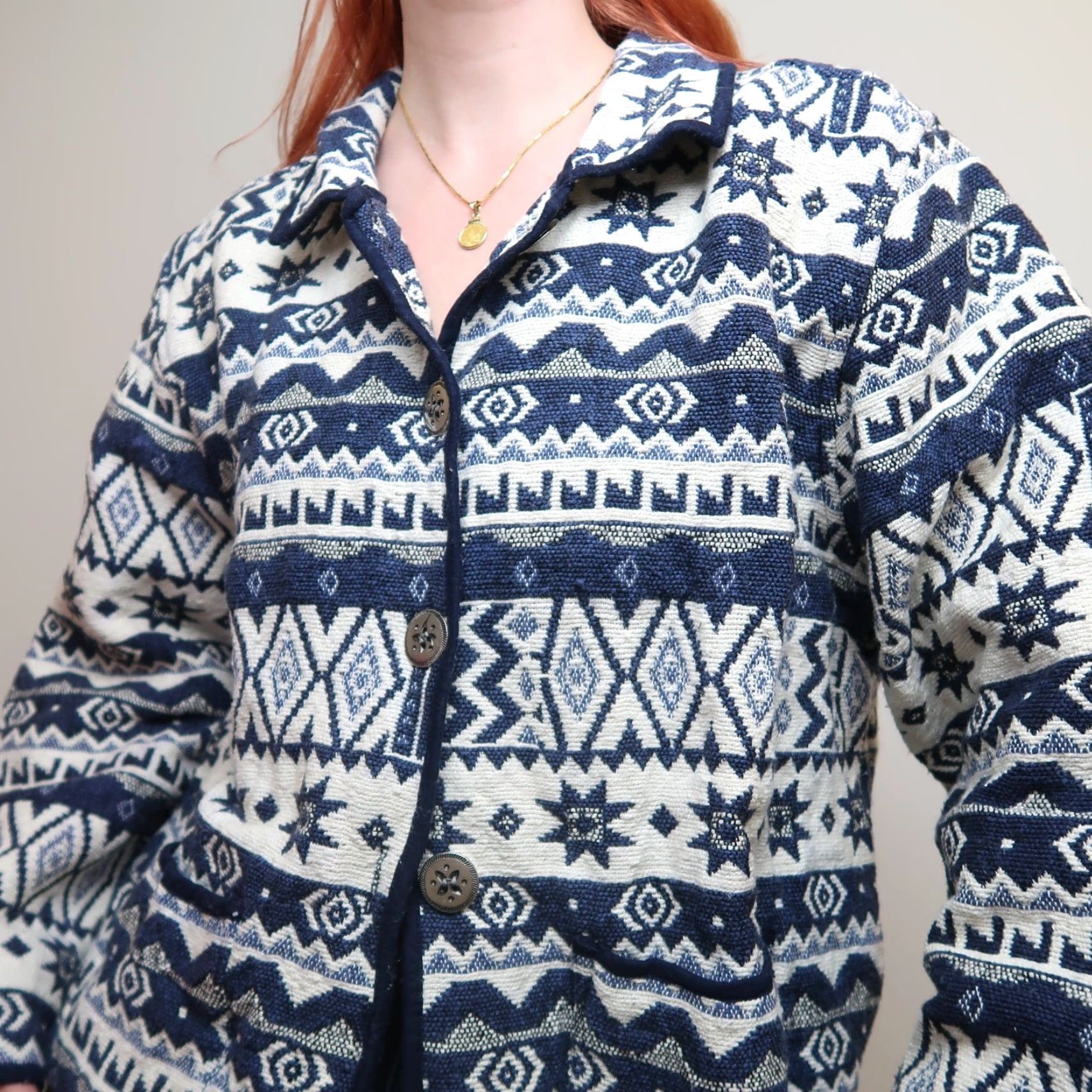Vintage VINTAGE 90s blue and cream tapestry jacket coat Jane Ashley 1X XL Geometric Cotton Casual Mens Womens Adults? Size XL / US 12-14 / IT 48-50 - 5 Thumbnail