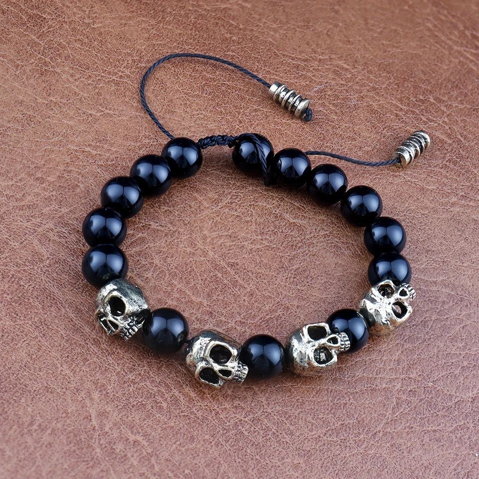 Jewelry Gothic Skull Head Charm Tiger eye Bracelet Size ONE SIZE - 2 Thumbnail