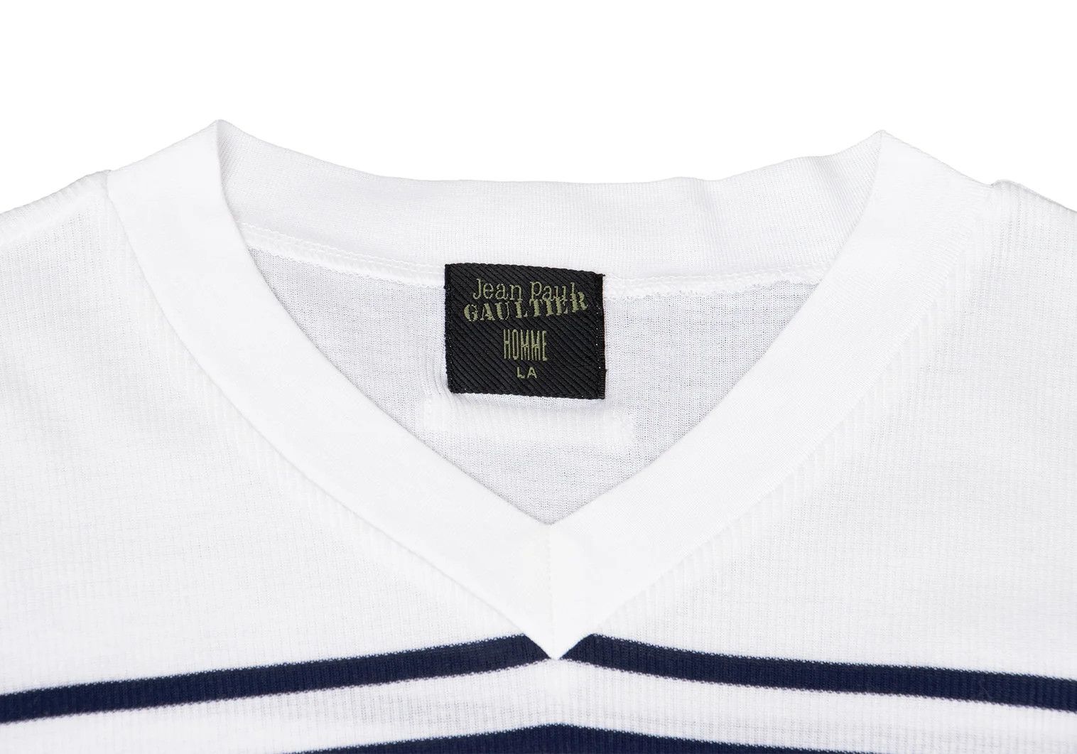 Jean Paul Gaultier Marine Stripe V-Neck Ribbed T-Shirt in Navy and Off-White Size US L / EU 52-54 / 3 - 3 Thumbnail