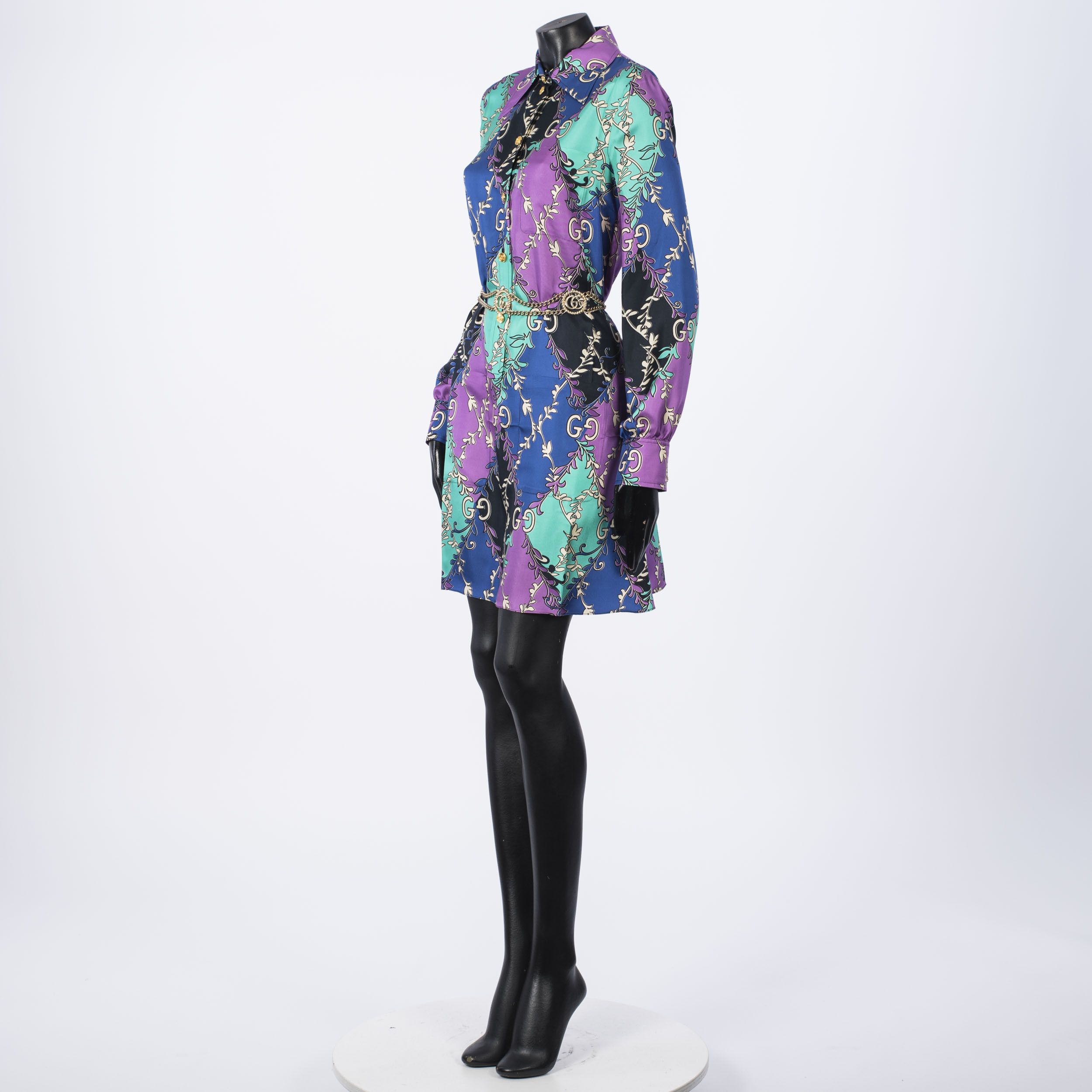 Gucci Silk GG Rhombus Ramage Shirt Dress With Chain Belt Size M / US 6-8 / IT 42-44 - 2 Thumbnail