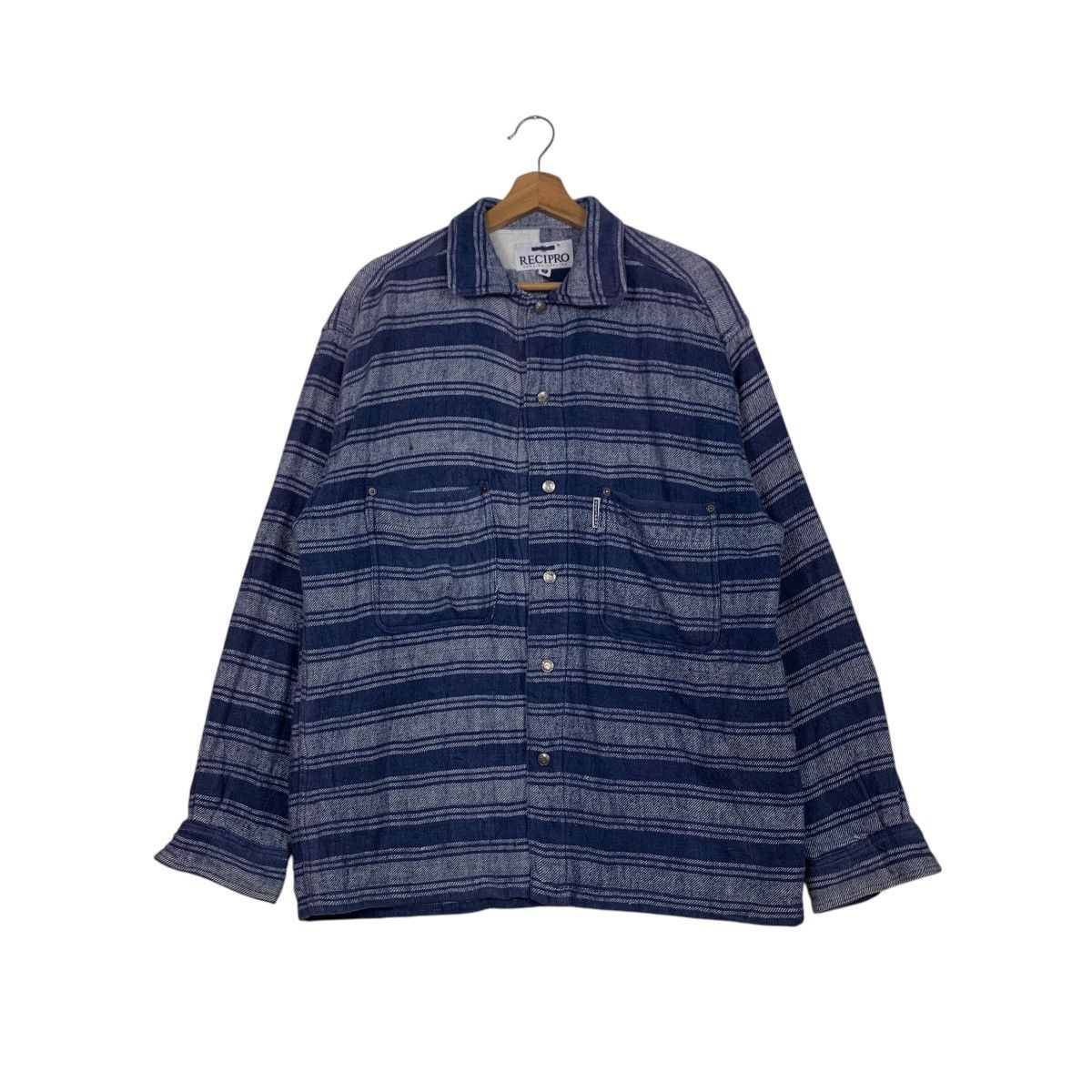 Vintage 90's RECIPRO Blue Stiped Flannel Jacket #2779-C125 Size US L / EU 52-54 / 3 - 1 Thumbnail