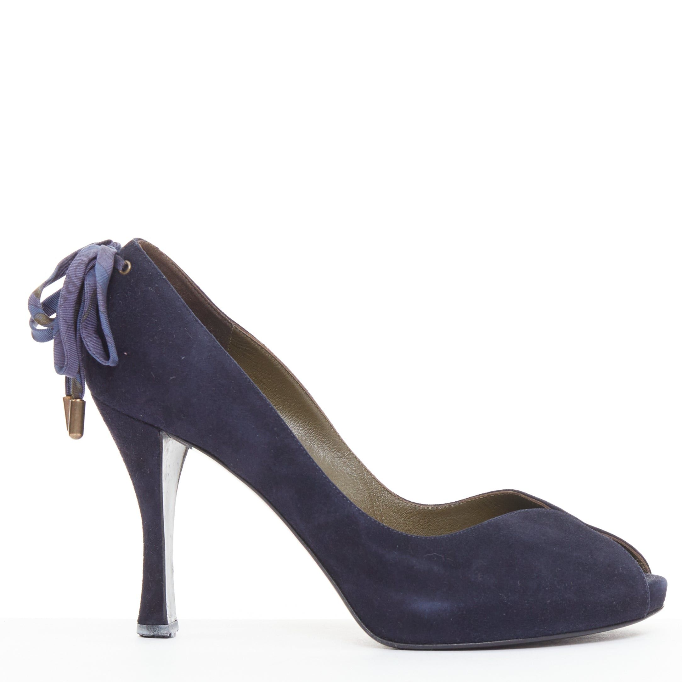 HERMES navy suede leather silk bow tie back spool heeled pumps EU37.5