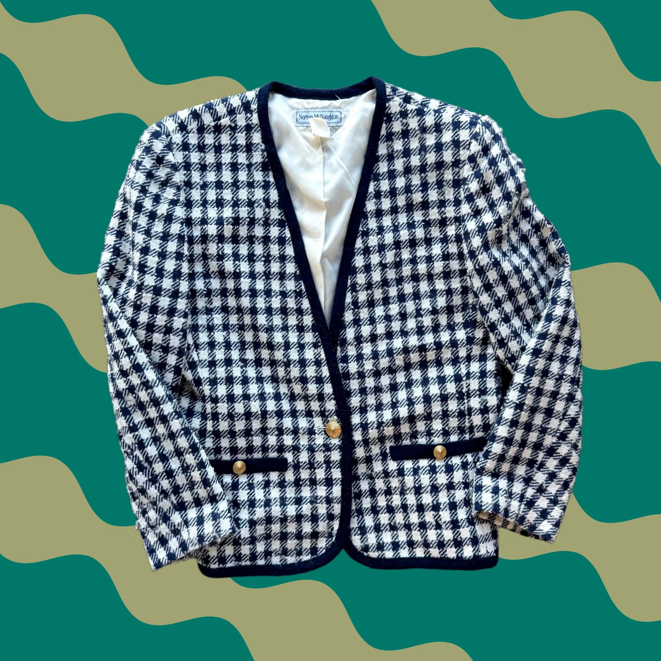 Vintage VINTAGE Norton McNaughton Blazer Gingham Tweed Navy White 12 Women Wool Blend Button Long Sleeve Mid-Length Regular Size XL / US 12-14 / IT 48-50 - 1 Thumbnail