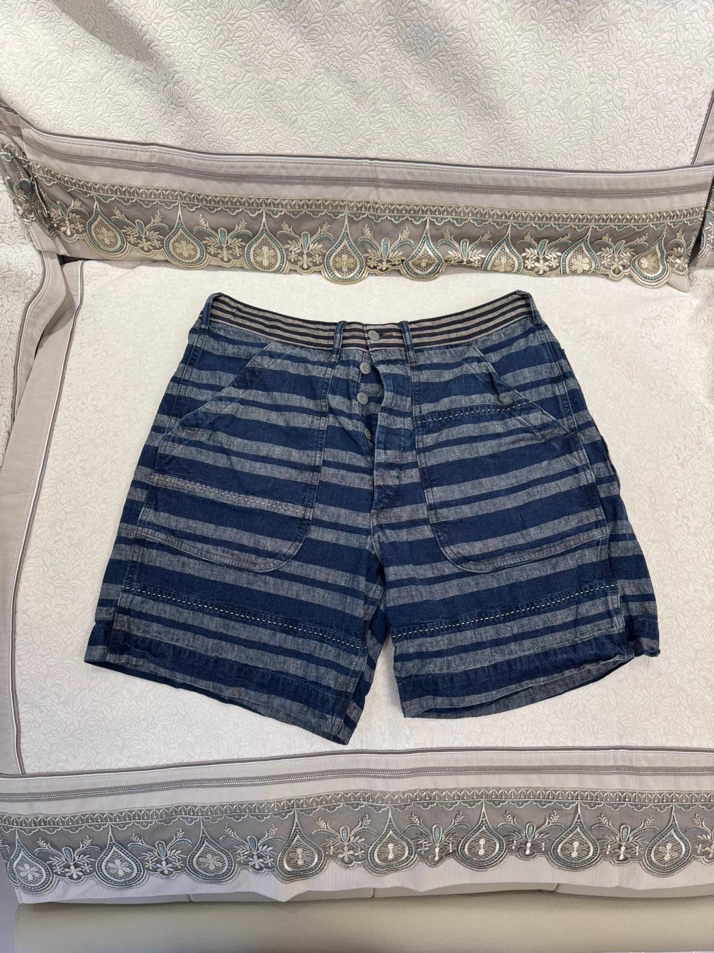RRL Ralph Lauren DOUBLE RL Men's Indigo Striped Drawstring Button Shorts Size US 34 / EU 50 - 1 Thumbnail