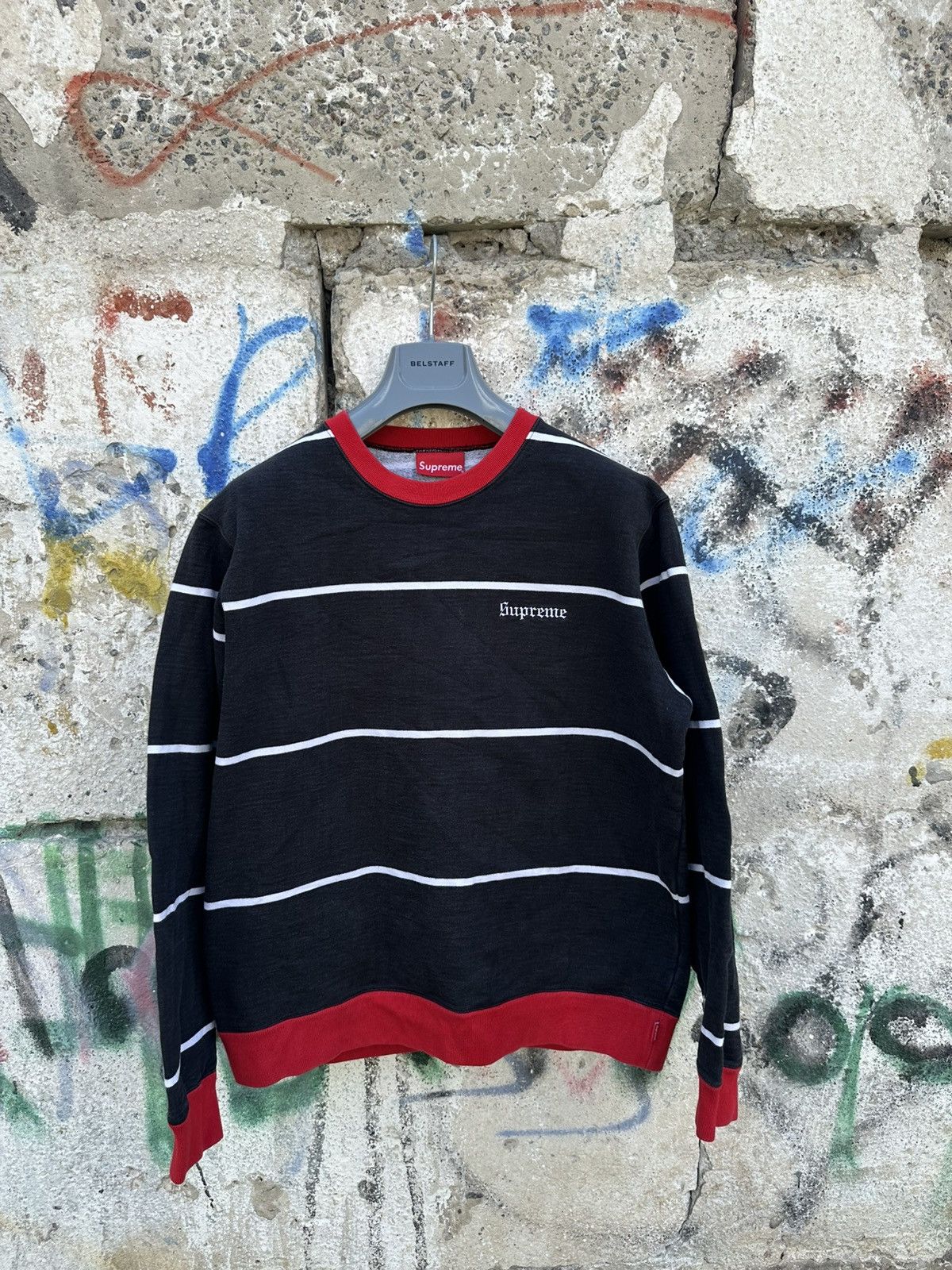 Supreme Mens Medium Black Striped Crewneck FW17 Spellout
