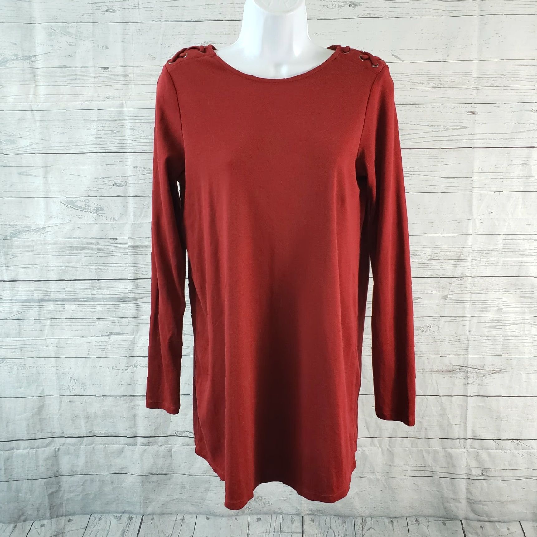 J. Jill J Jill Womens Lace Shoulder Tunic S Red Cotton Long Sleeve Solid Pima Tunic Shirt Womens Size S / US 4 / IT 40 - 2 Thumbnail