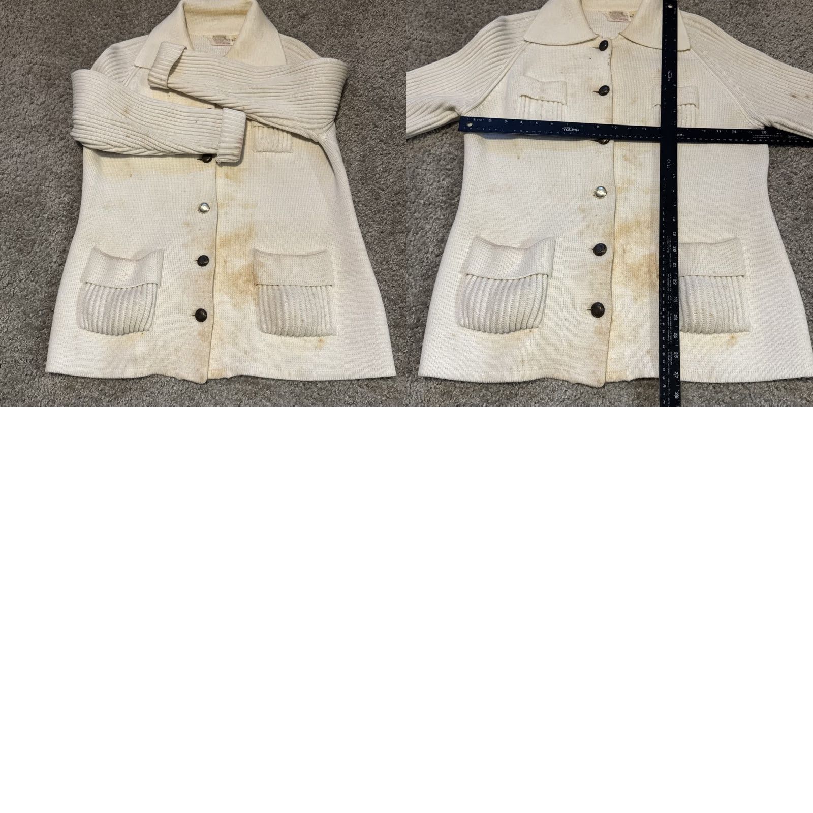 Vintage VINTAGE Montgomery Ward Cardigan Sweater Men's 42 White 4-Pocket Acrylic Knit Stripes Stains Size US XL / EU 56 / 4 - 8 Thumbnail