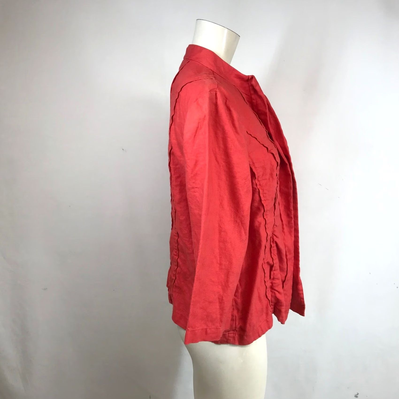 Vintage Chicos Red 100% Linen Jacket Size L Mandarin Collar Open Front Raw Edge Seam Womens Size L / US 10 / IT 46 - 4 Thumbnail