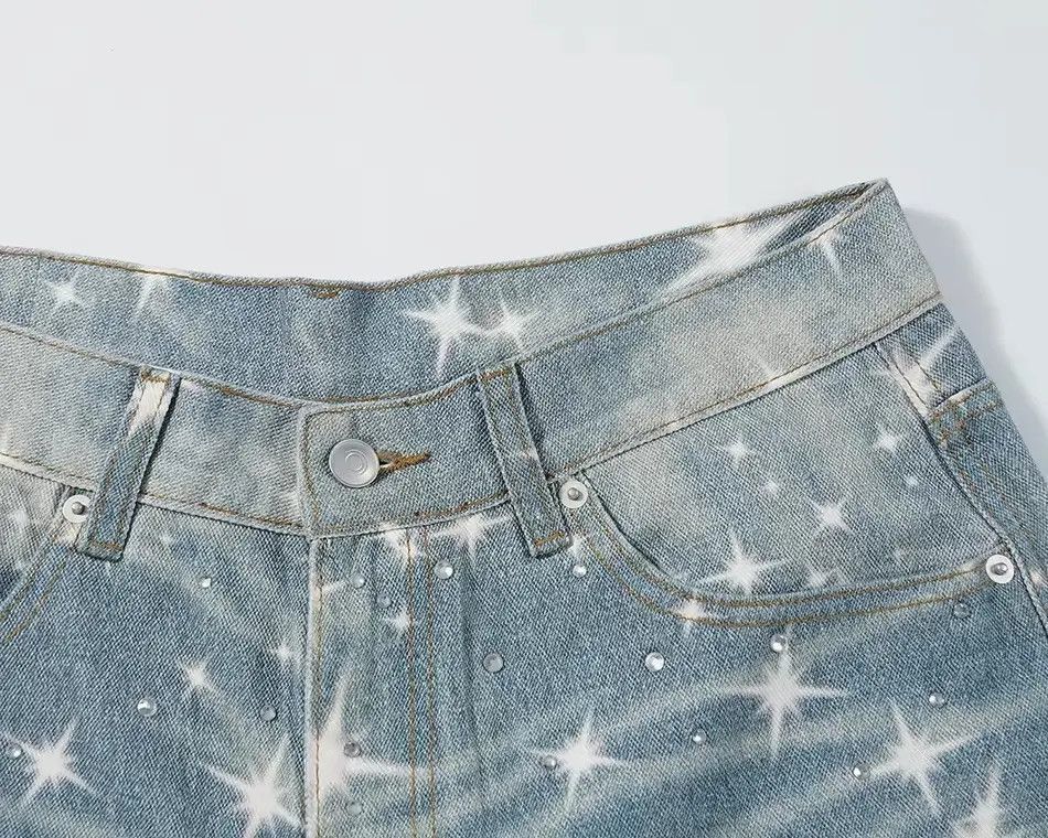 Japanese Brand Stars Rhinestone Washed Baggy Printed Jeans Size US 32 / EU 48 - 4 Thumbnail