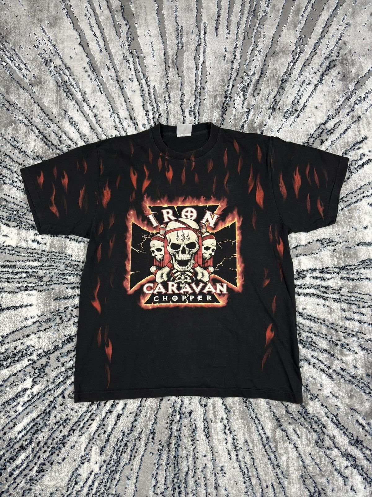Harley Davidson Vintage Iron Caravan Choppers flame skull t shirt tee 90s Size US XL / EU 56 / 4 - 1 Thumbnail