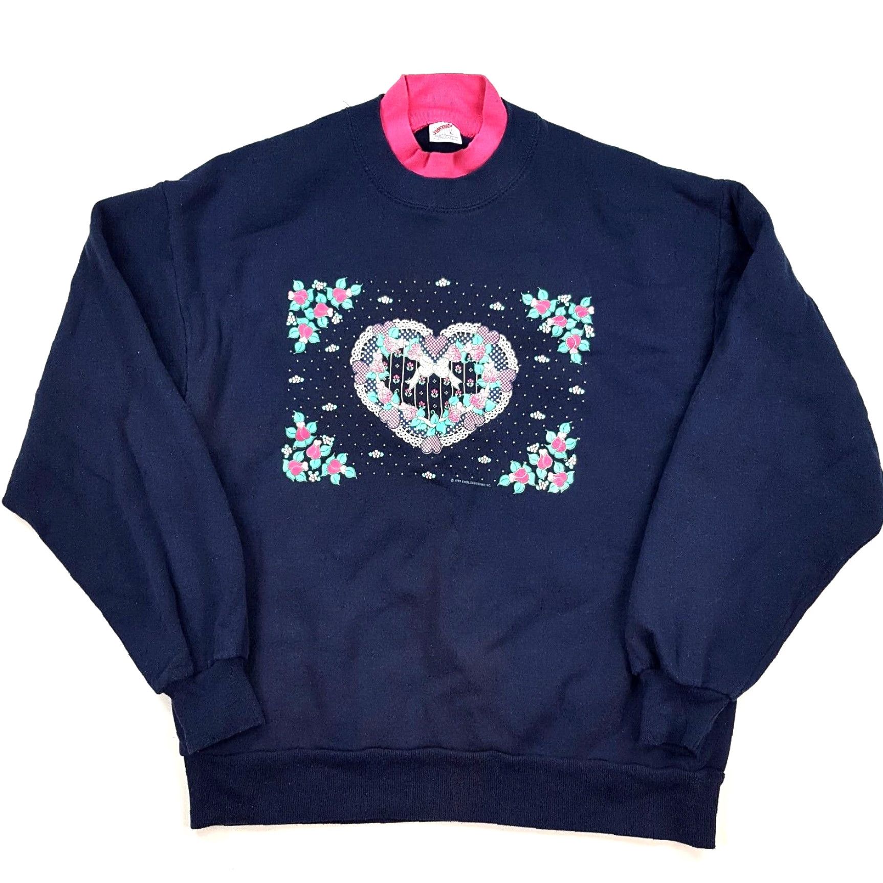 Jerzees VINTAGE Jerzees Sweatshirt Navy Crewneck 90s Cute Heart Flowers Women's L Blue U.S. Retro Pullover Sweatshirt Womens Size L / US 10 / IT 46 - 2 Thumbnail