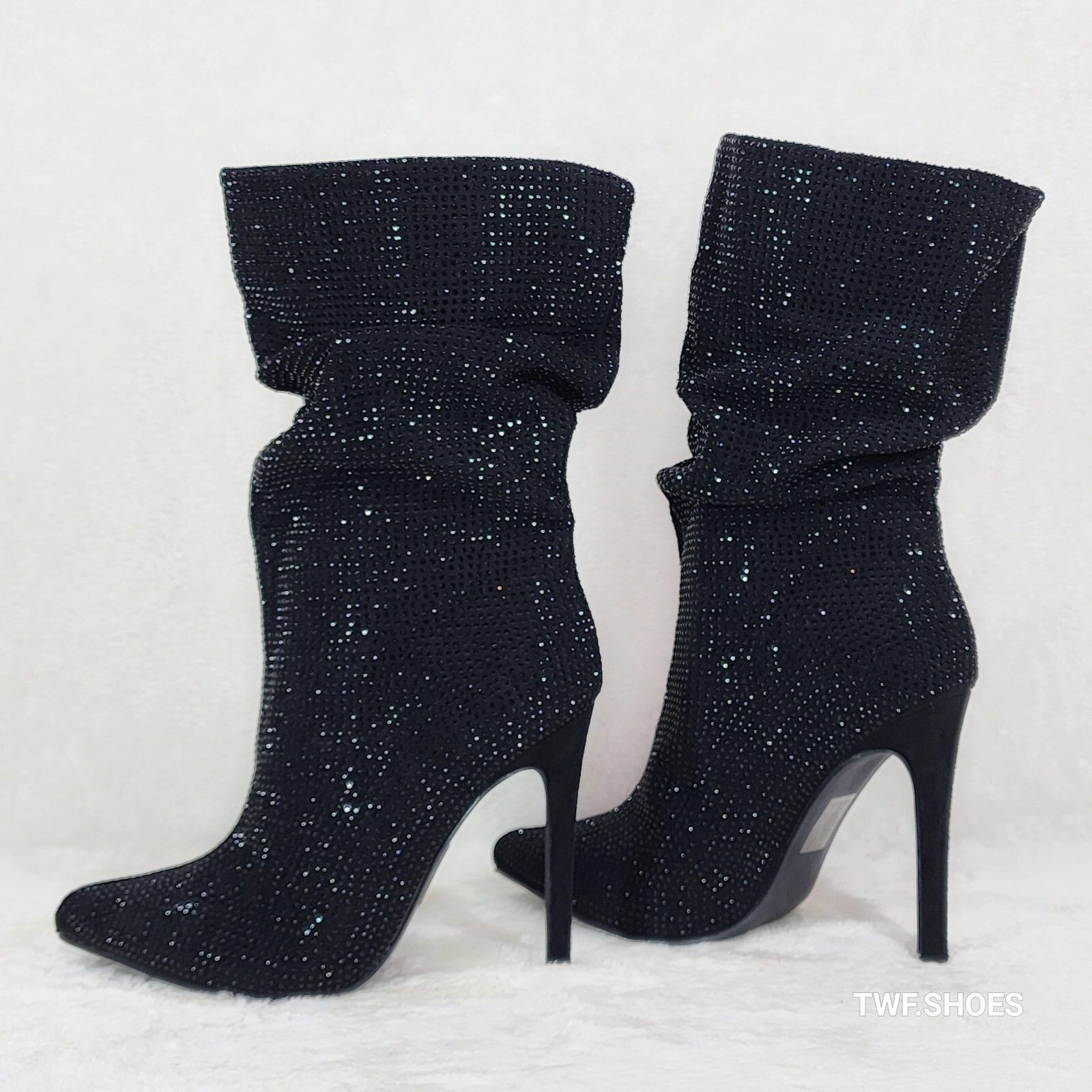 Resolve Sparkling Black Rhinestone High Heel Slouch Calf Boo