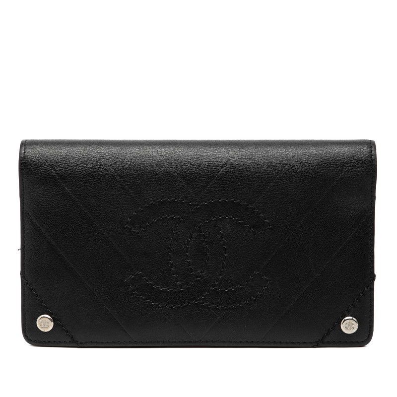 Chanel Chanel Coco Mark V Stitch Lambskin Long Wallet Leather Long Wallet Duty Free For Usa in Black, Women's