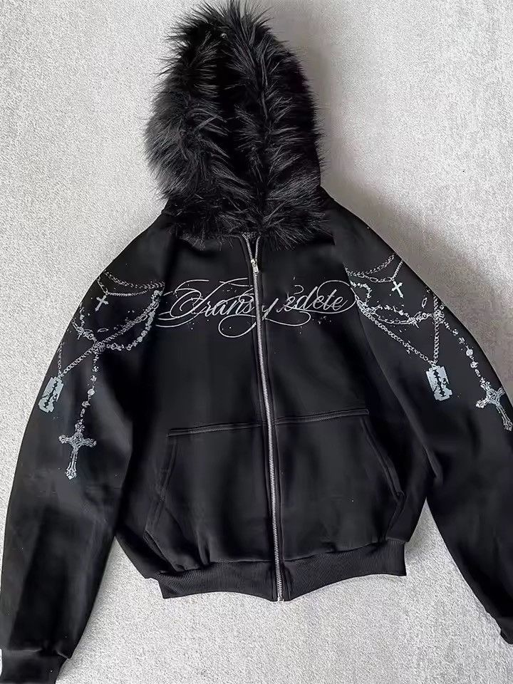 Japanese Brand Faux Fur Hooded Jacket With Cross Print Trendy Edgy Size US XL / EU 56 / 4 - 2 Thumbnail
