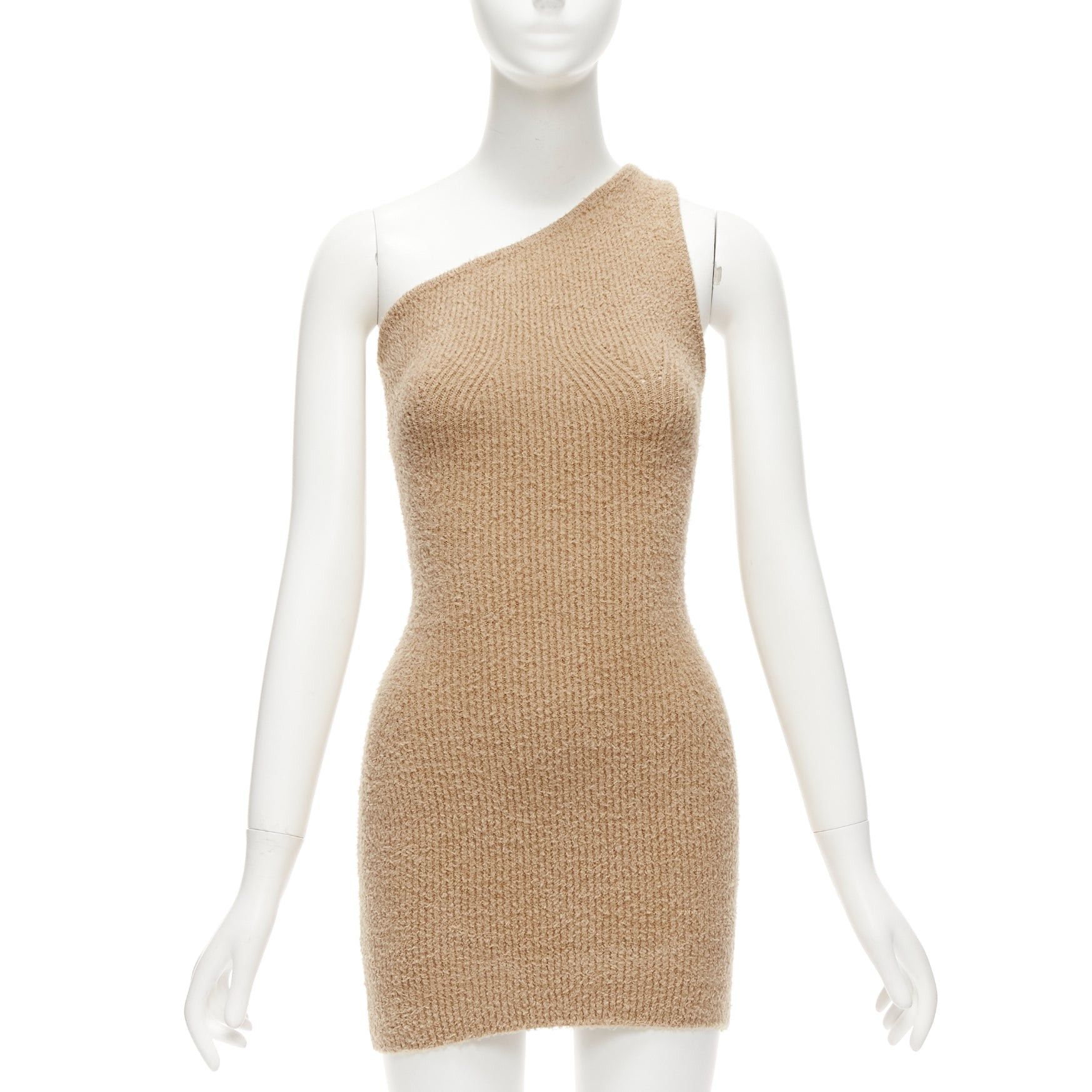 Other WARDROBE NYC HAILEY BIEBER HB tan fuzzy knit cotton one shoulder mini dress S Size S / US 4 / IT 40 - 1 Thumbnail