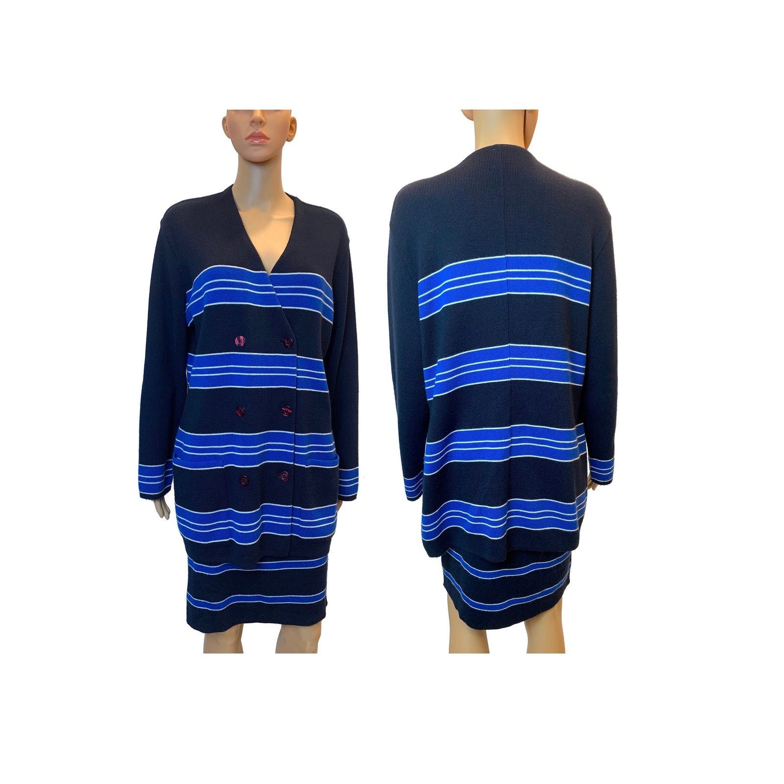 Vintage 80s RODIER Dark Blue Knit Skirt Suit | Oversized Cardigan Size M / US 6-8 / IT 42-44 - 2 Thumbnail