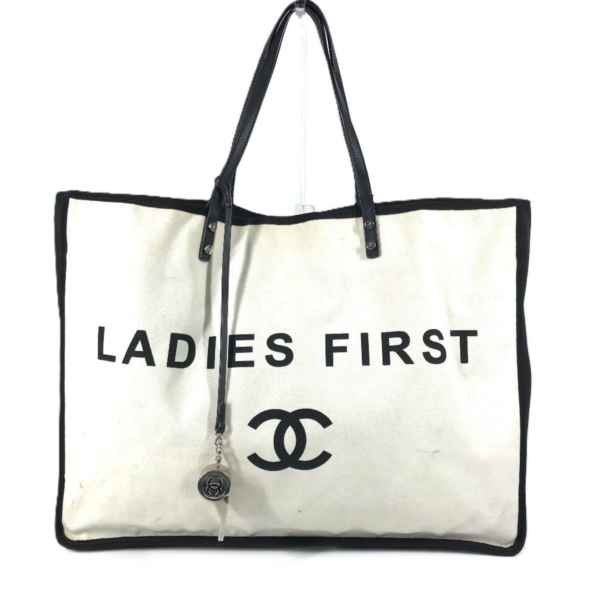 Chanel A92885 Logo Lady First Whistle Tote Bag Shoulder Bicolor Canvas Women's White in Black