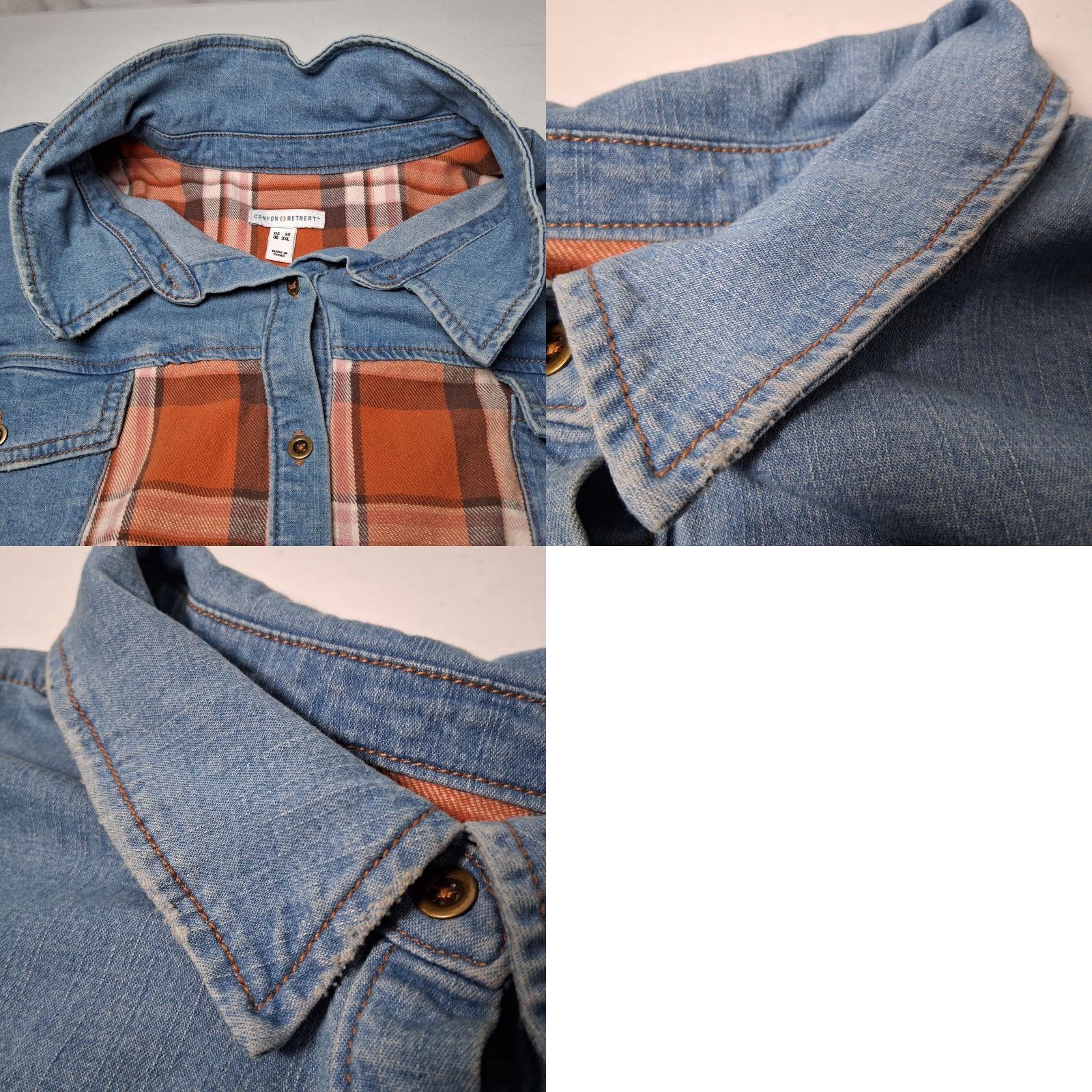 Denime Canyon Retreat Button-Up Plaid Chambray Denim Shirt 3X Blue Casual Plus Size Womens Distressed Look Long Sleeve Collared Button Front Adapted Size XXL / US 16-18 / IT 52-54 - 9 Thumbnail