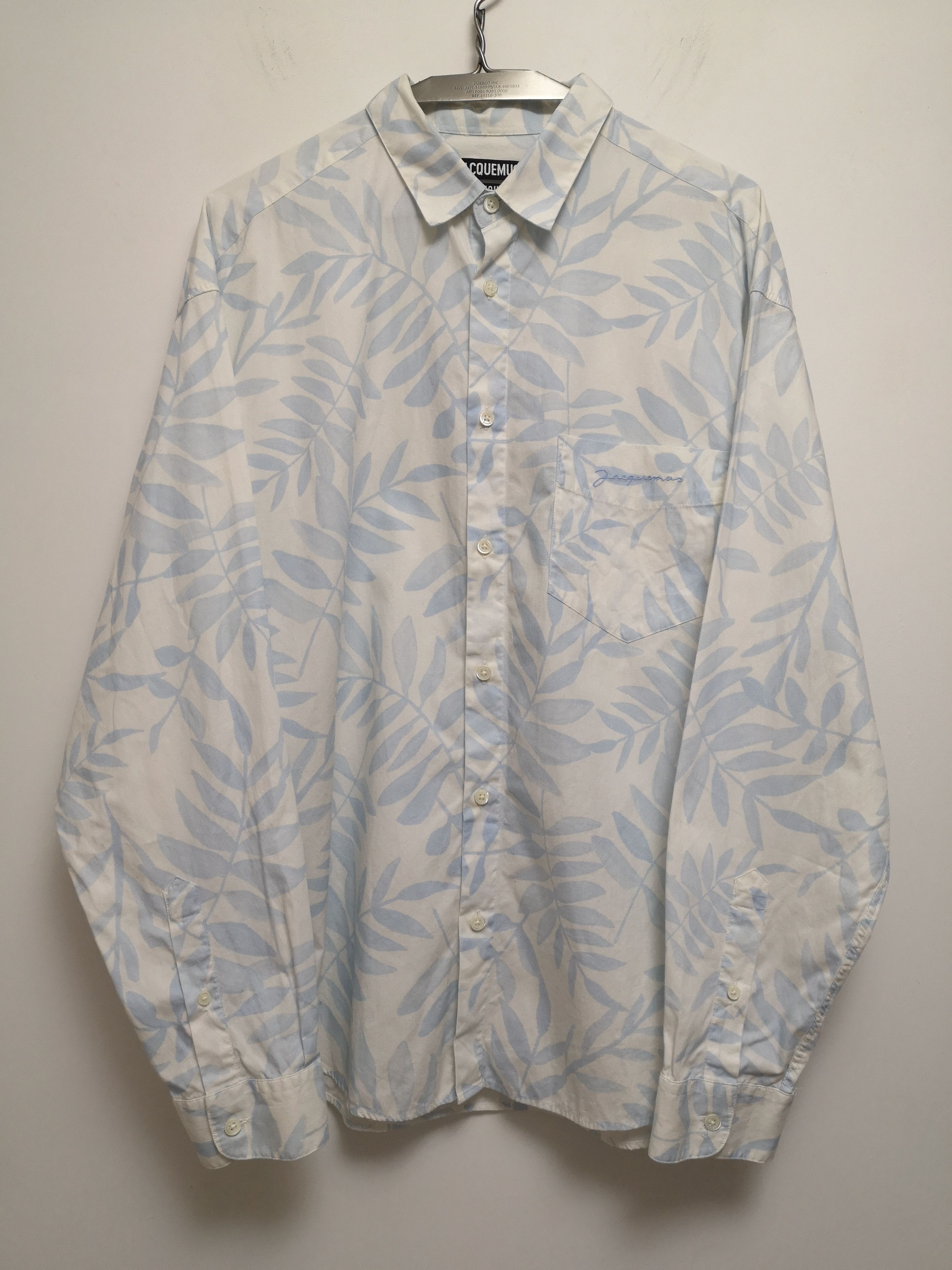 Light Blue Leaves Print Cotton Button Down Shirt