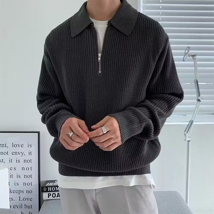 image of Vintage Men Half Zip Pullover Knitwear, Korean Fashion in Black (Size Medium)