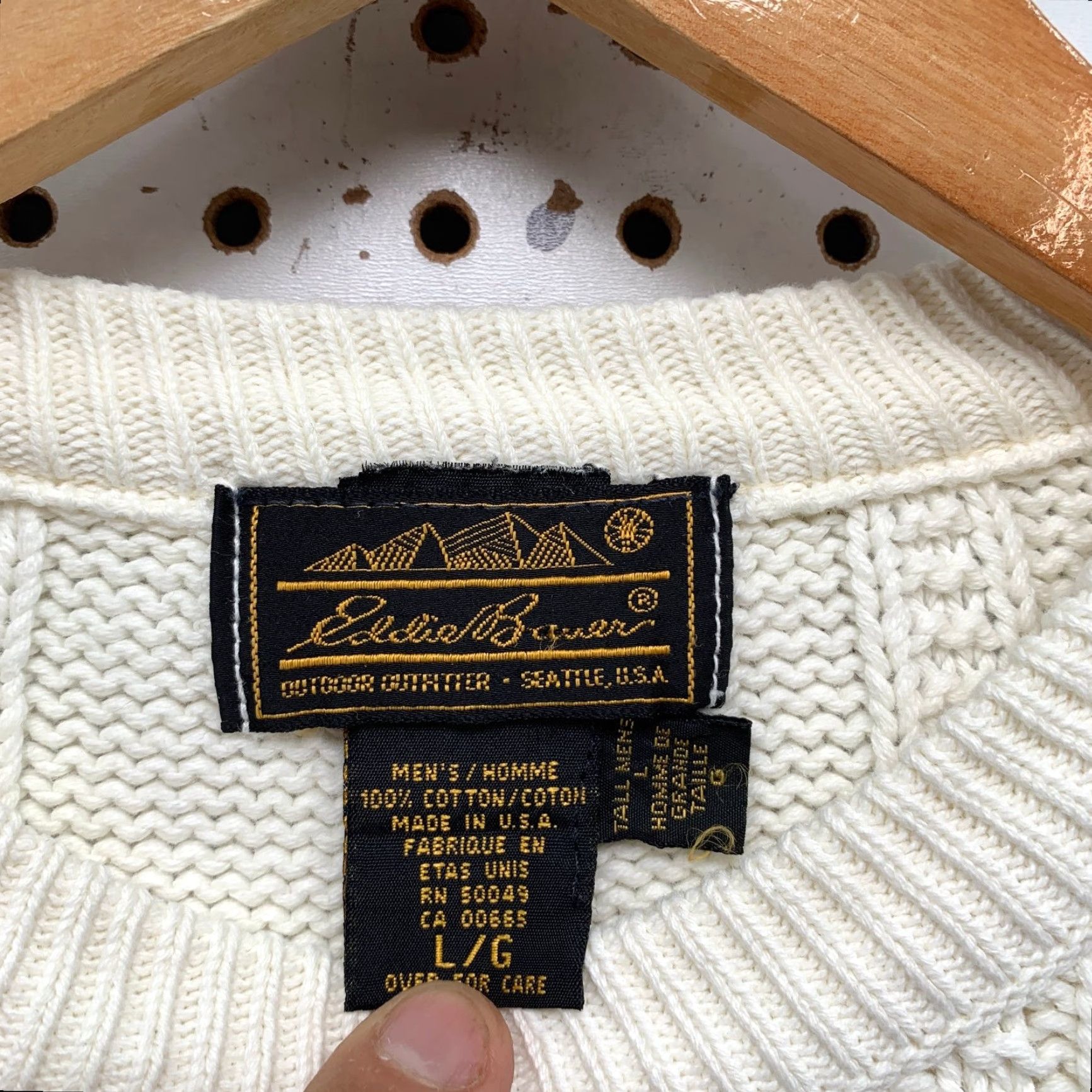 Vintage Eddie Bauer Sweater Mens Large White 80s Cable Knit Made USA