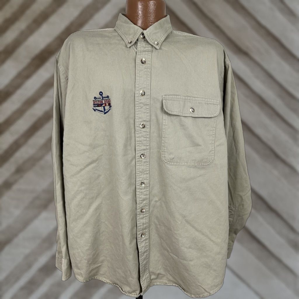Vintage VINTAGE Crystal Springs Khaki Shirt Men XL Heavyweight Ribbed Cotton Embroidered Pockets Button-Up 90s Nautical casual Mens Size US XL / EU 56 / 4 - 1 Thumbnail