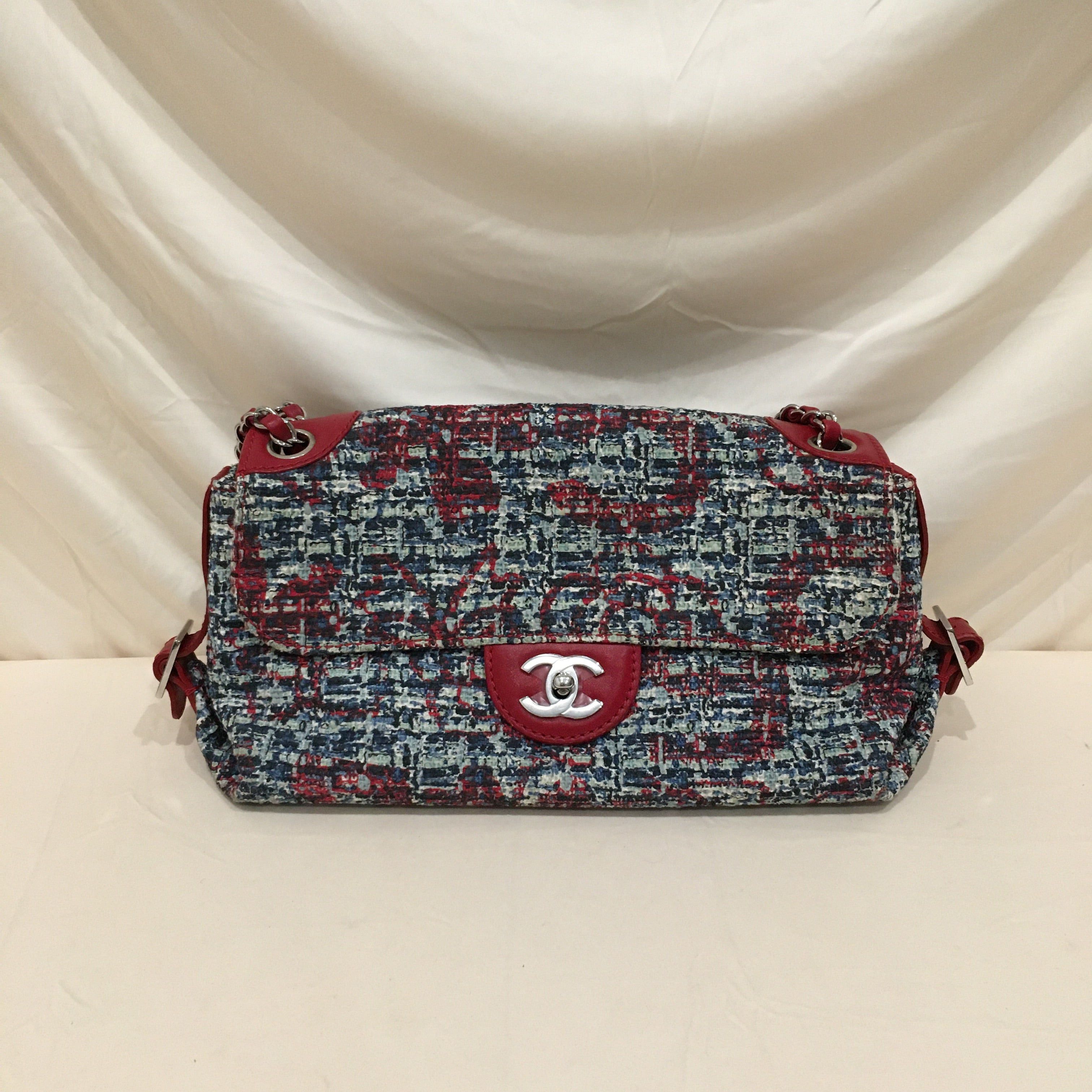 image of Chanel Blue Red Tweed Lambskin Flap Shoulder Bag Sku 70437, Women's
