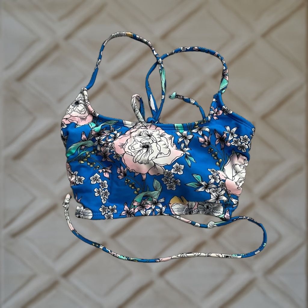 Vintage Xhilaration Girls Bikini Top Small Blue Floral Spaghetti Beach Summer Size S / US 4 / IT 40 - 1 Thumbnail