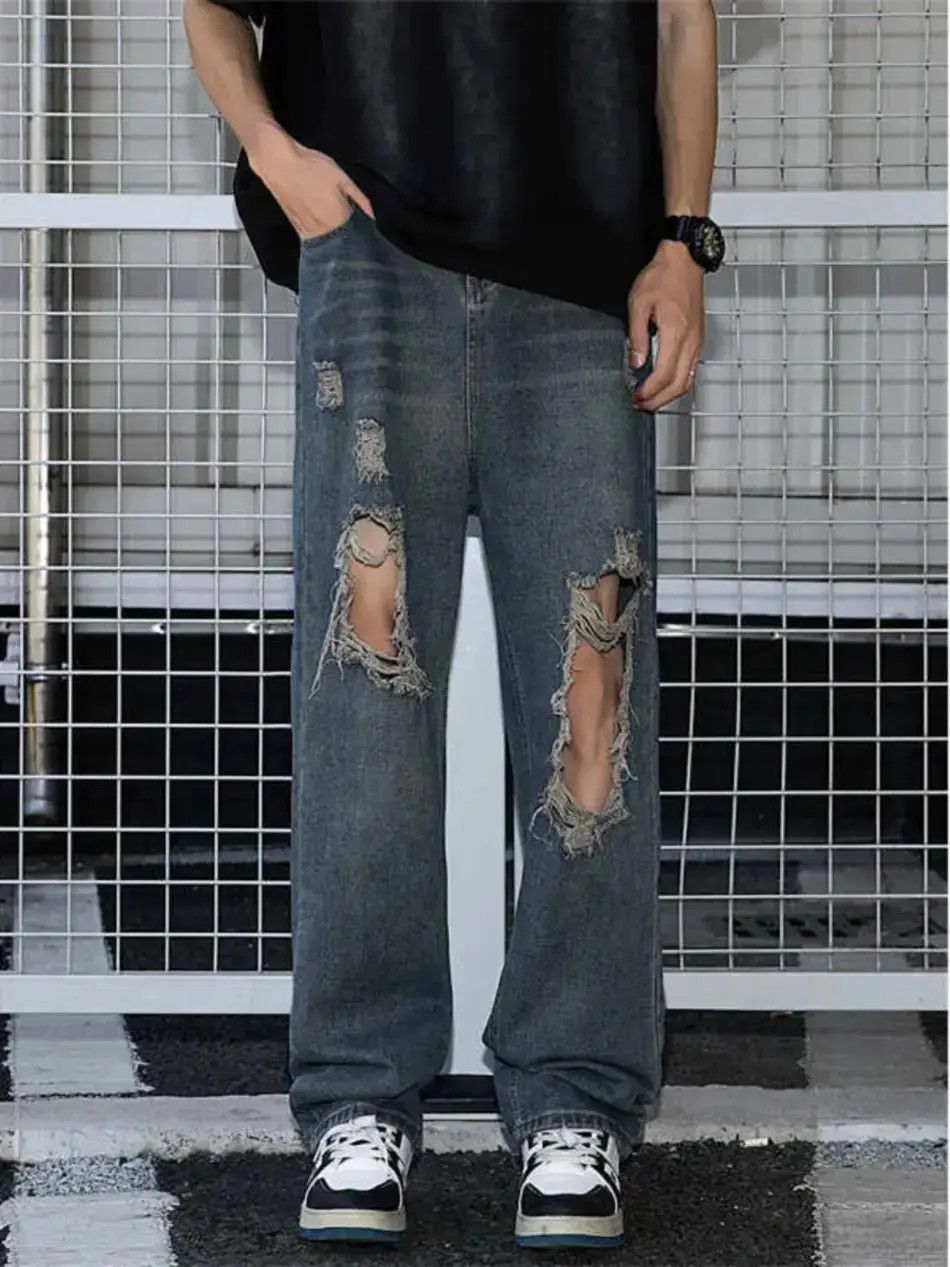 Japanese Brand Straight fit wide leg ripped jeans Size US 32 / EU 48 - 6 Thumbnail