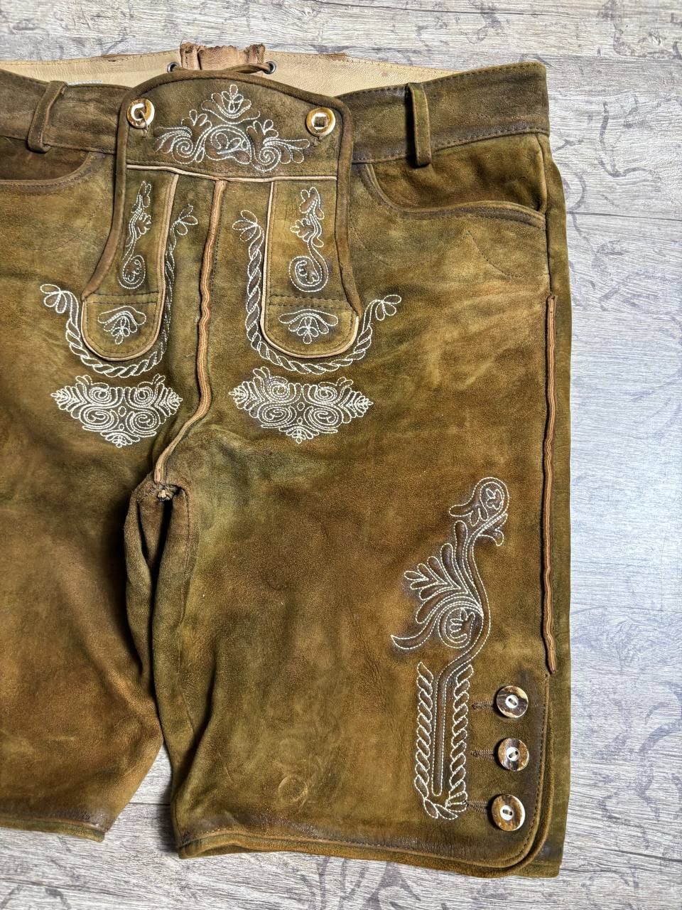 Cowboy Equipment Lederhosen German Brown Leather Retro Shorts sz 50 (34) Size US 34 / EU 50 - 4 Thumbnail