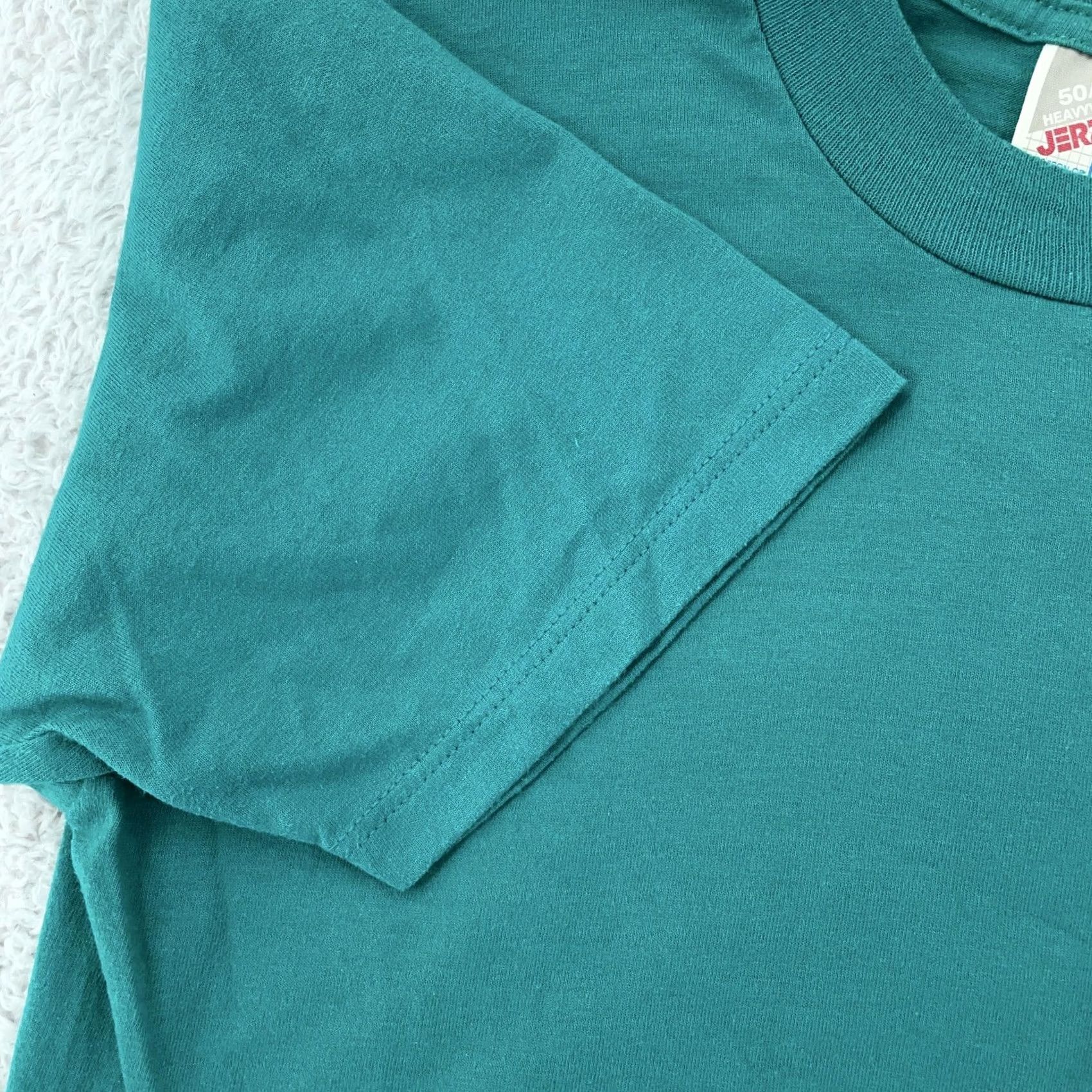 Jerzees VINTAGE Jerzees T-Shirt Mens S Teal 50/50 Heavyweight Made in USA 90s Green Crew Neck Short Sleeve Size US S / EU 44-46 / 1 - 2 Thumbnail