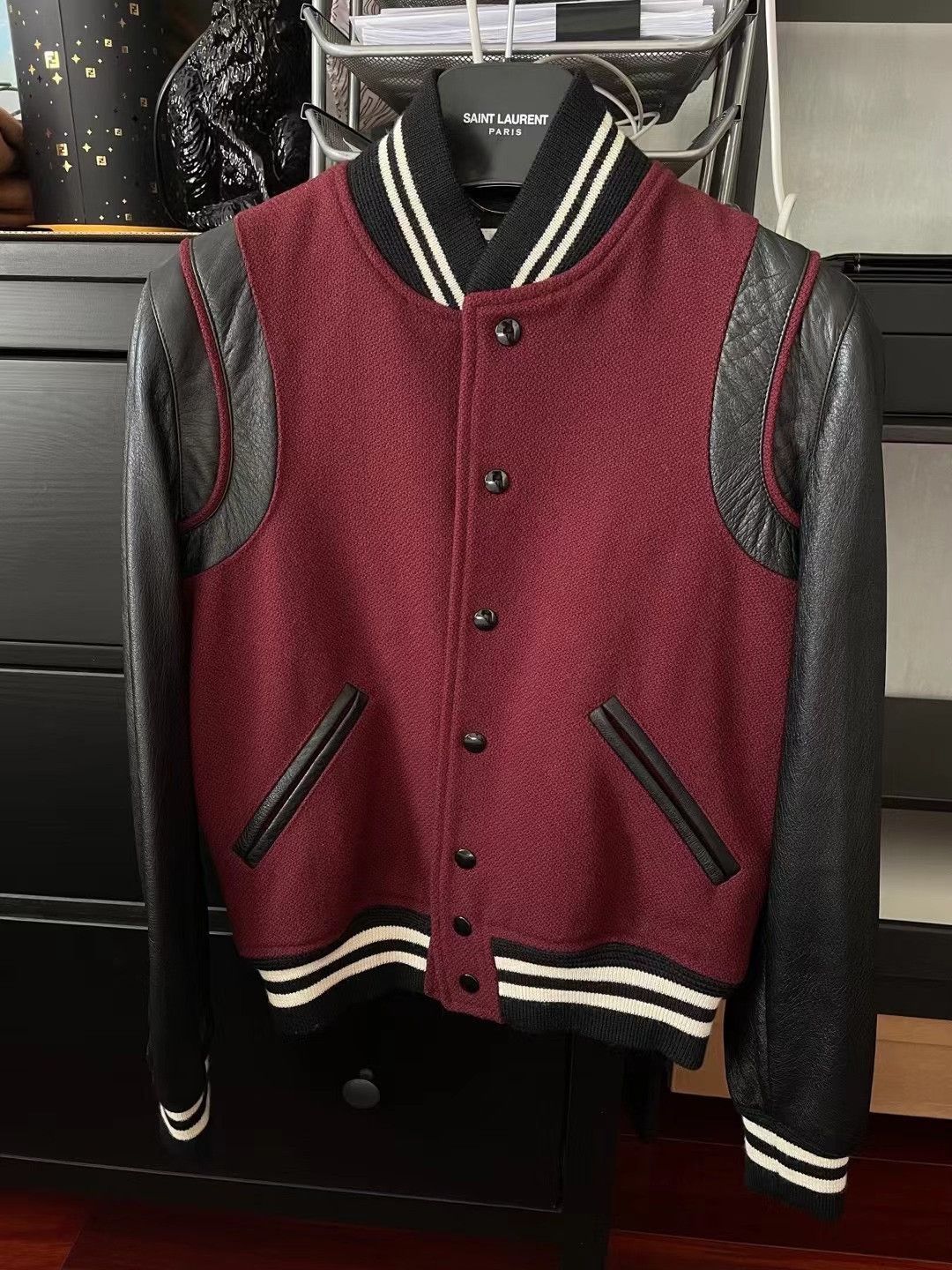 Saint Laurent Paris Saint Laurent Maroon Leather Sleeve Varsity Jacket Size US M / EU 48-50 / 2 - 1 Thumbnail