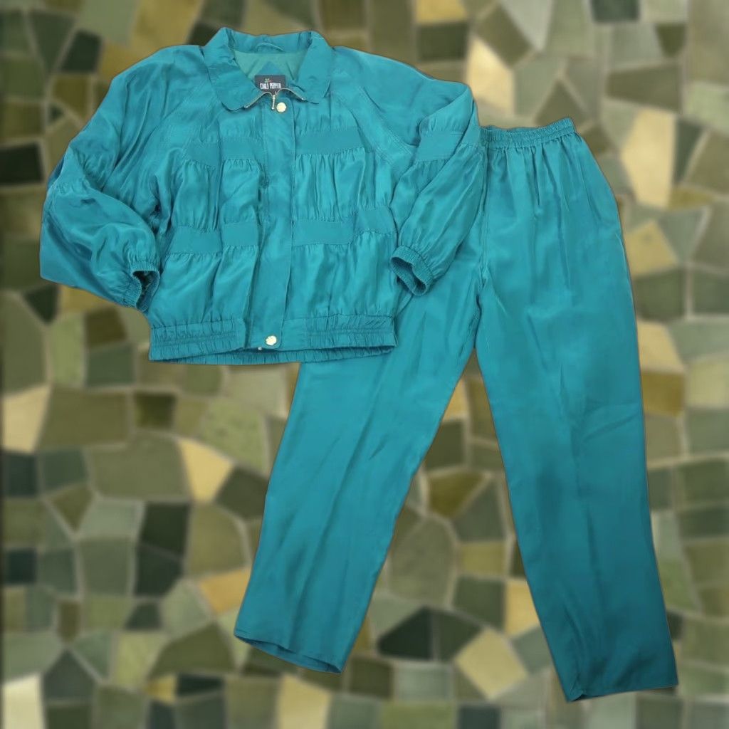Vintage VINTAGE Chili Pepper Teal Green Ruched Silk Track Suit Set L Women 90s Hustle Heat 90s Theme Size L / US 10 / IT 46 - 1 Thumbnail