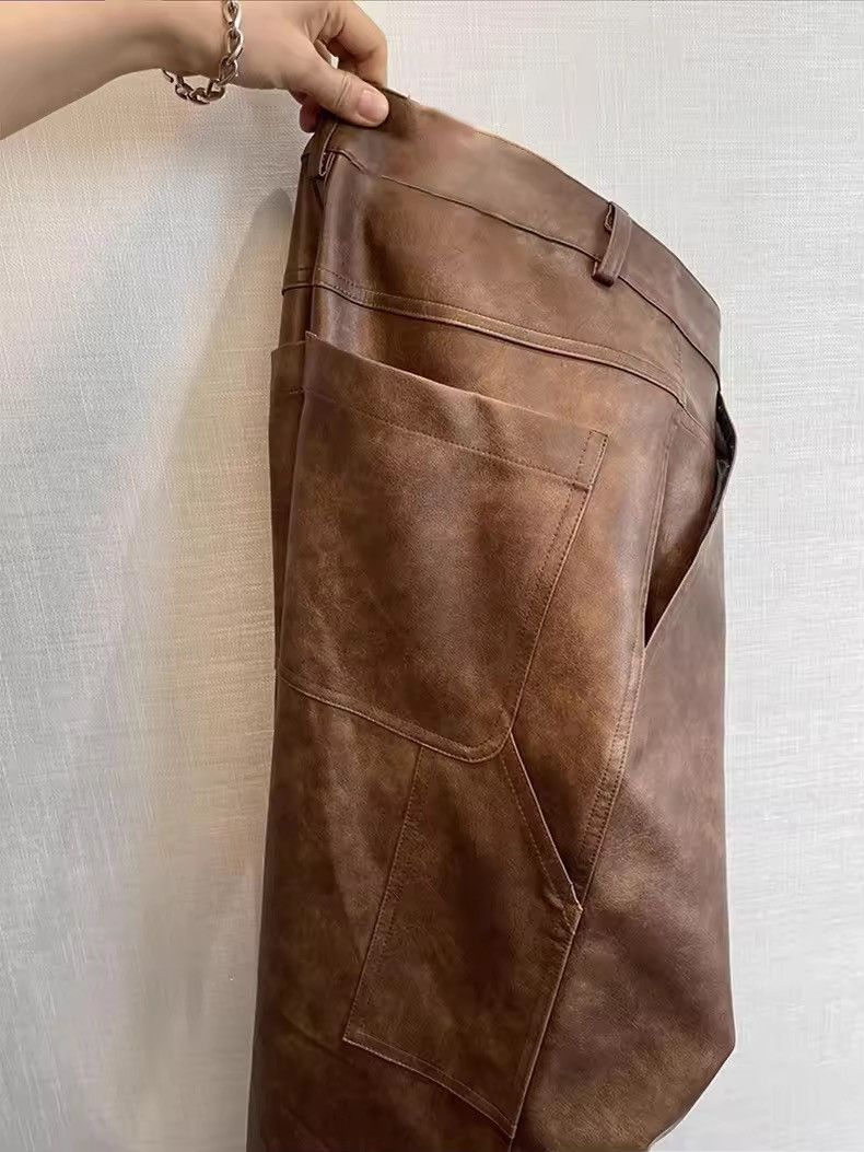 Leather Washed Brown Soft Pu Leather Pant Size US 34 / EU 50 - 6 Thumbnail