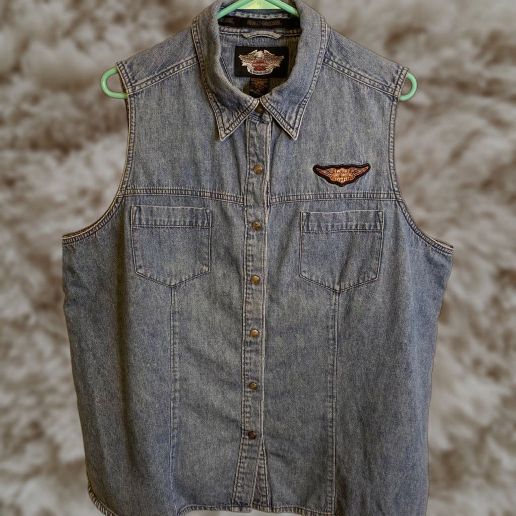 VINTAGE Harley-Davidson Denim Snap Button Vest Women XL Blue