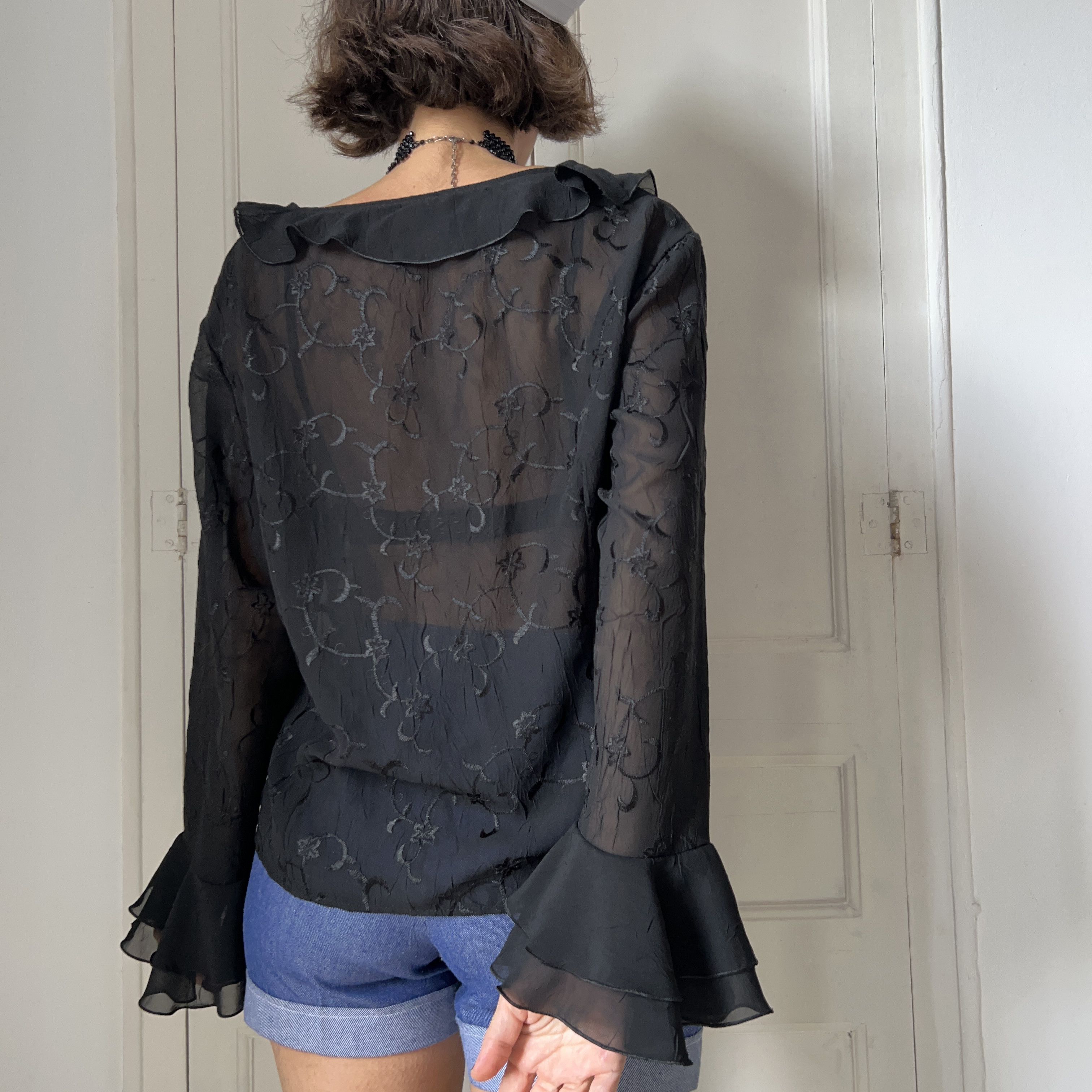 Vintage Vintage 90s Black Sheer Ruffle Poet Blouse Size XL / US 12-14 / IT 48-50 - 2 Thumbnail