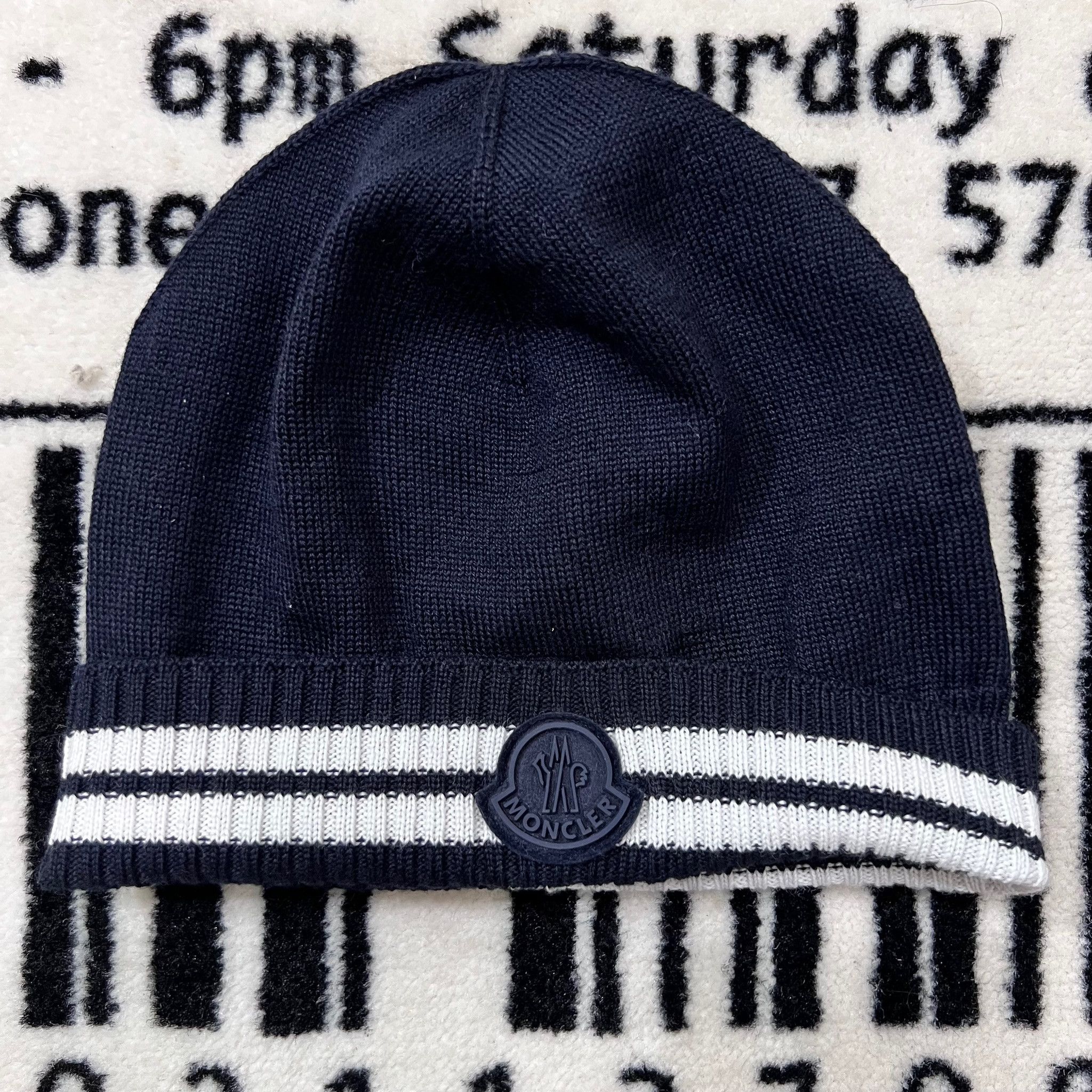 image of Moncler Enfant Logo-Patch Stripes Ribbed Beanie in Black White, Men's