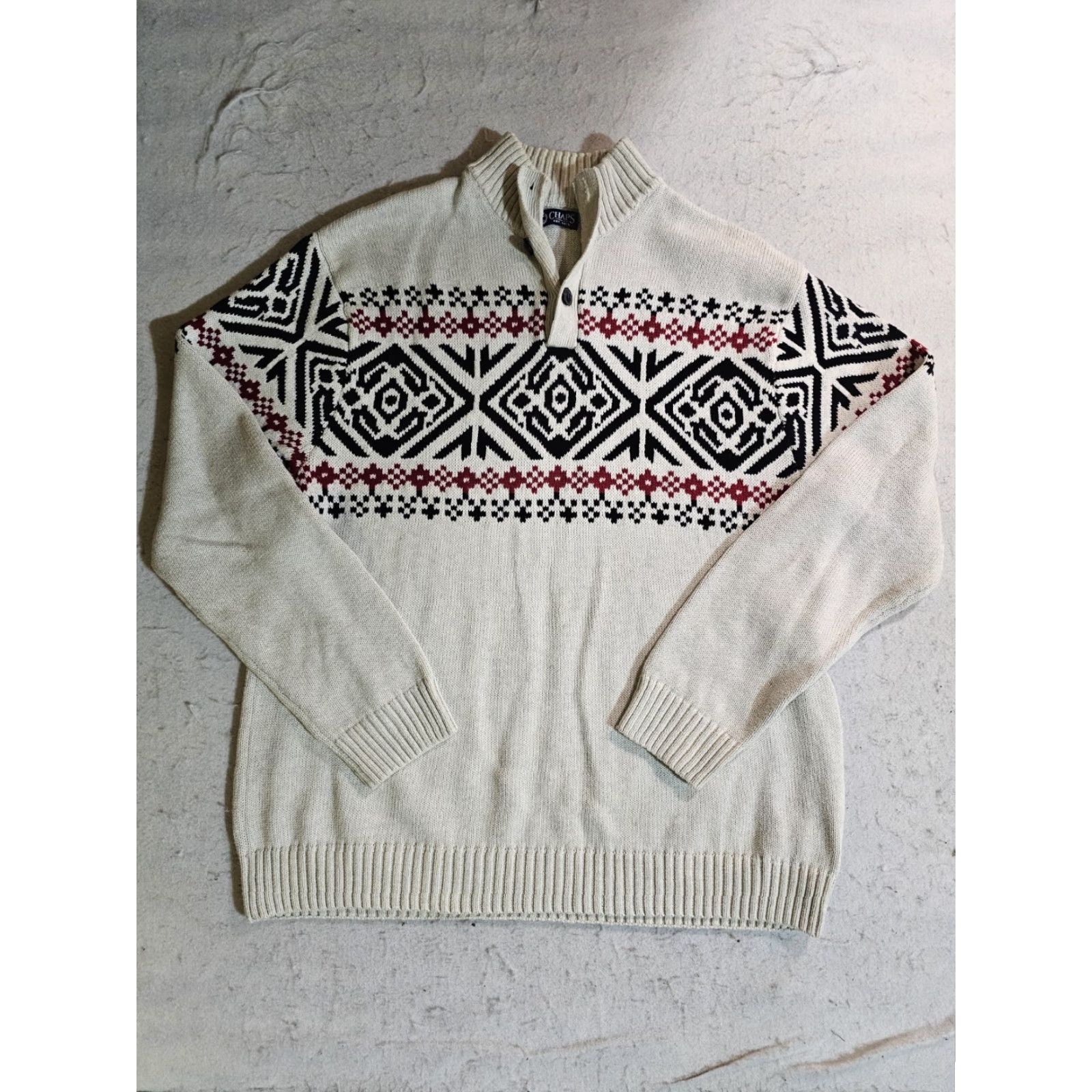 Chaps VINTAGE Chaps Ralph Lauren Sweater Nordic 1/4 Button Mock Neck 2XL Cream Black Red Pattern Mens Size US XXL / EU 58 / 5 - 2 Thumbnail