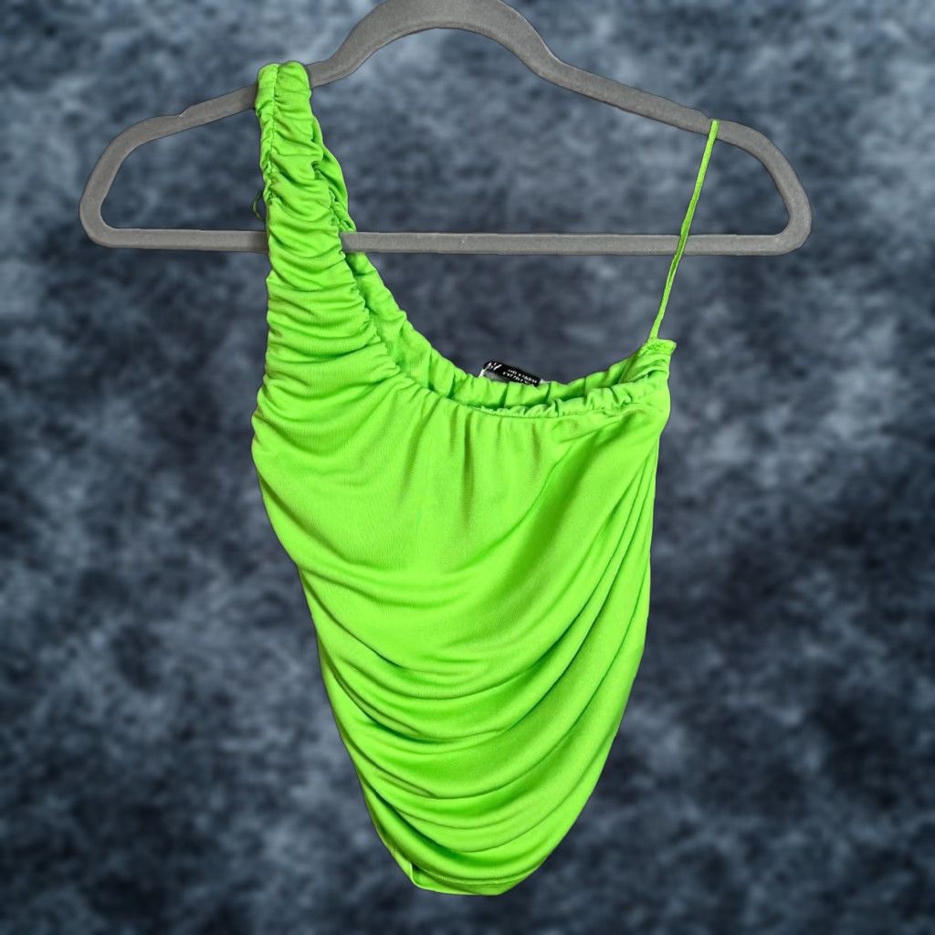 Zara Zara Womens L Lime Green One-Shoulder Ruched Top Blouse Shirt Adult Regular Size L Womens Size L / US 10 / IT 46 - 1 Thumbnail