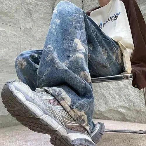 Floral Graphic Straight Leg Wide Leg Denim Jeans